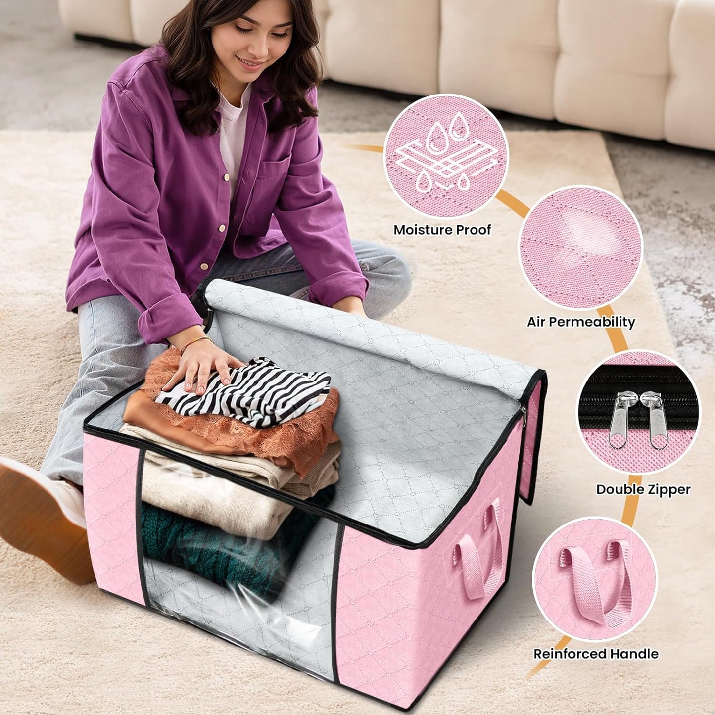 Fab totes 24 Gallons Clothes Storage, Foldable Thick Fabric Blanket Storage Bags, Containers for Organizing Bedroom, Closet, Clothing, Comforter, Organization with Handle (8 Pack,Pink)