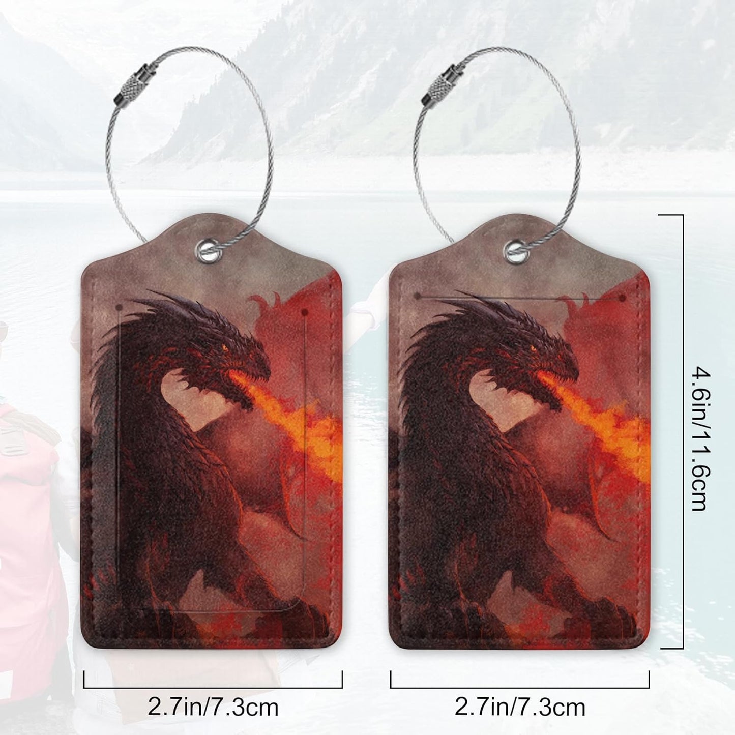 2Pcs Luggage Tag for Suitcase Trippy Fire Dragon Cute Suitcase Tag with Privacy Flap & Name ID Label & Metal Loop, Travel Bag Luggage Tags for Women