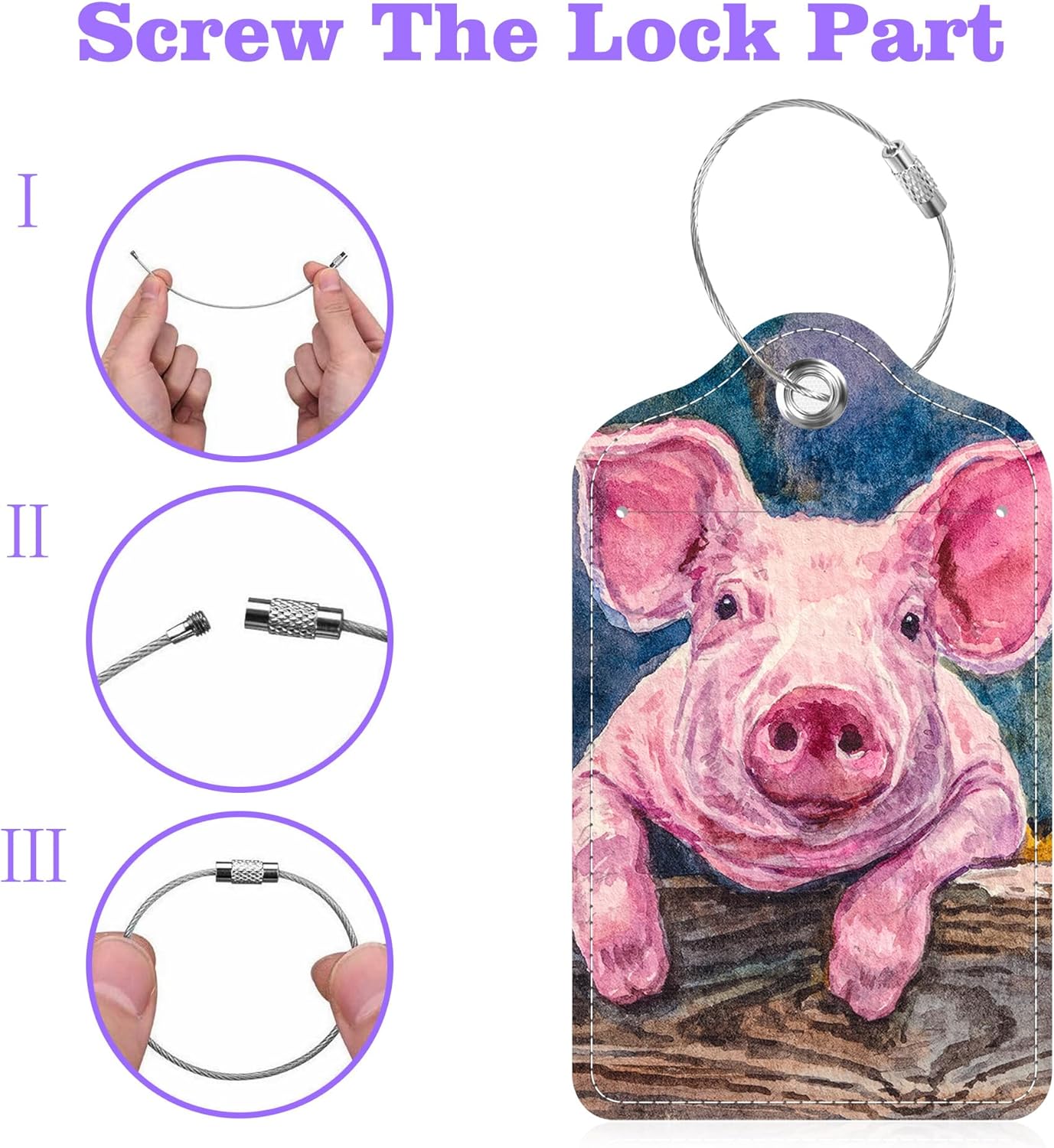 Set of 2 Luggage Tags Cute Baby Piggy Leather Suitcases Tag with Privacy Cover Stainless Steel Loop and Address Card for Women Men Travel