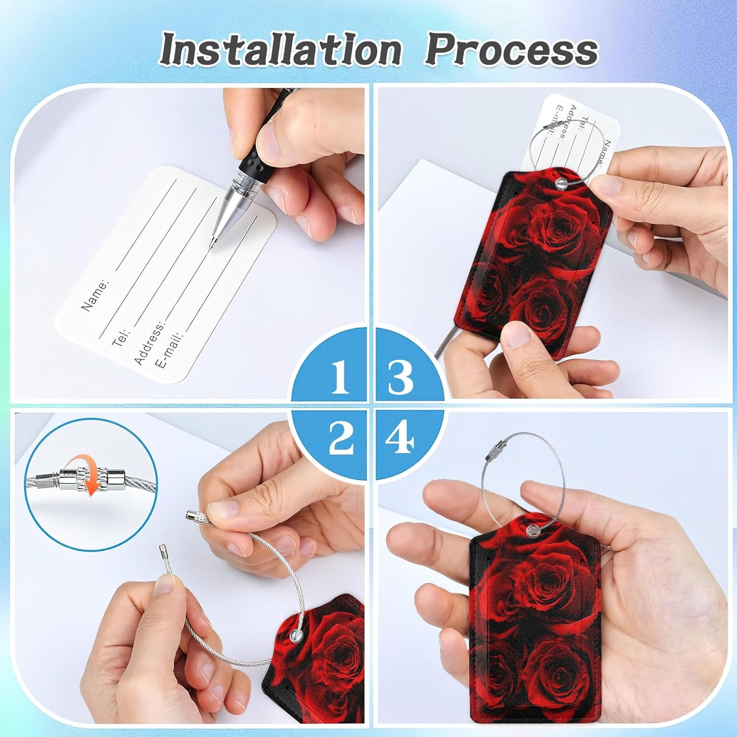 3 Pack Luggage Tag for Suitcase,Red Rose Floral and Leaves Leather Luggage Tags with Privacy Cover Name ID Label Identifiers Travel Bag Tags for Women Men Boys Girls