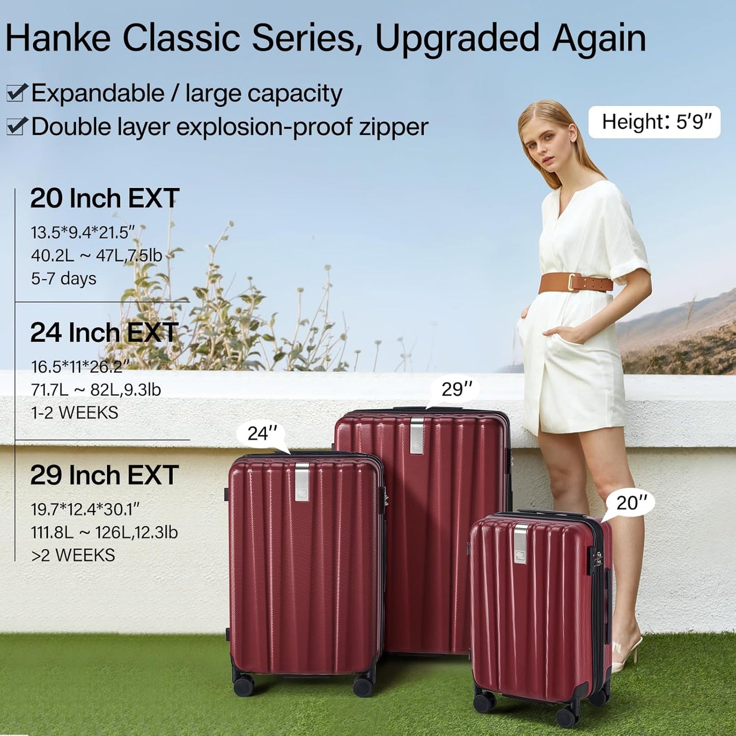 Hanke Expandable Hard Shell Luggage Sets 2 piece Carry on Luggage with Wheels Suitcases Lightweight Checked TSA Luggage Rolling Large Suitcase Travel Luggage Bag Woman Men 20/29 Inch(Burgundy)