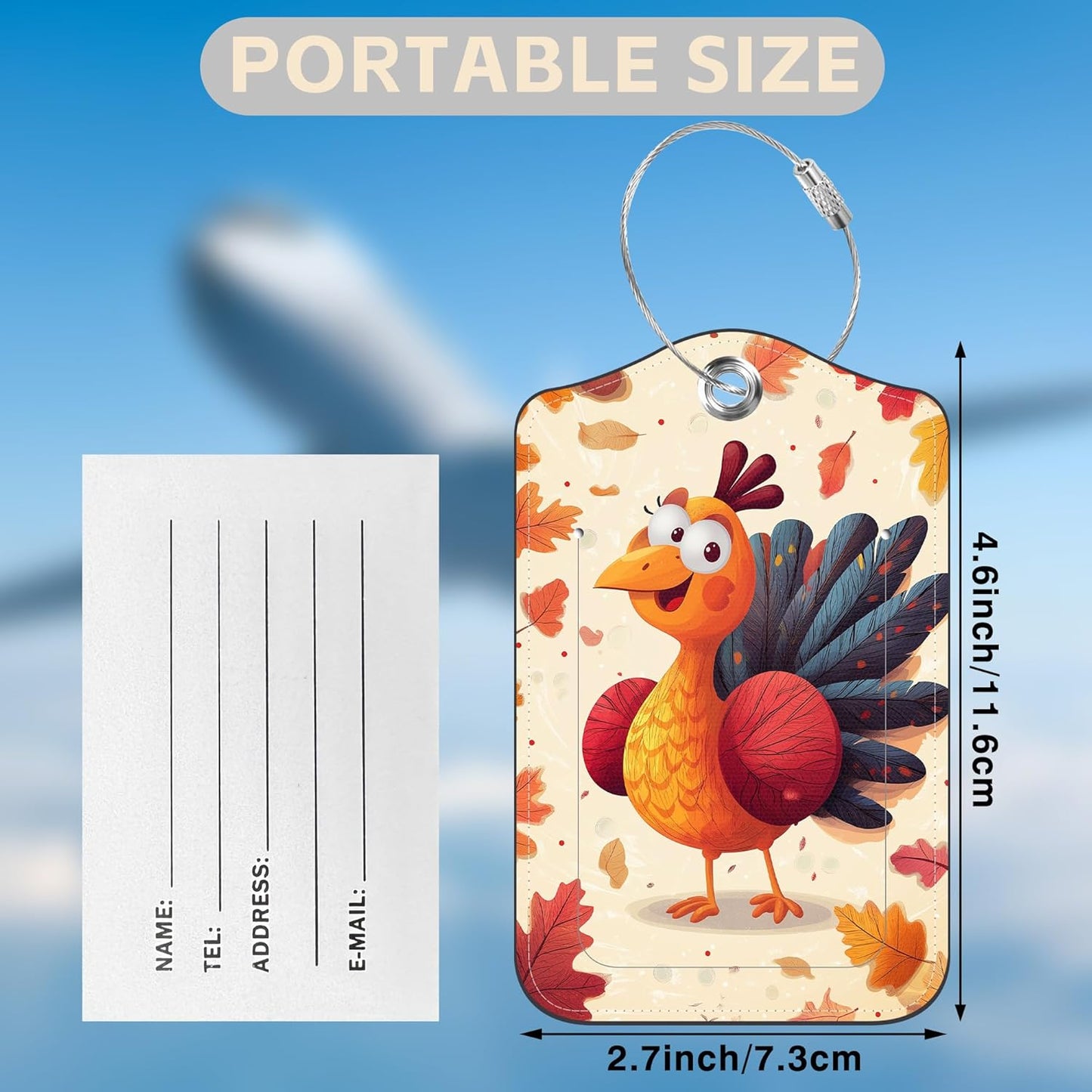 2 Pcs Thanksgiving Turkey Luggage Tags for Suitcases Autumn Fallen Leaves PU Leather Baggage Tags Name ID Label with Privacy Cover and Stainless Steel Loop for Men Women Travel Bag Suitcase