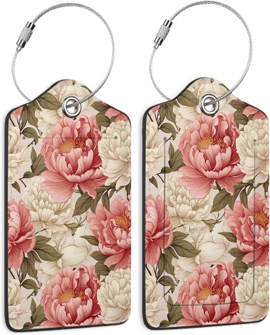 2 Pcs Peony Pink Flowers Retro Luggage Tags,Cruise Luggage Tag with Privacy Flap,Name Id Label and Steel Loop for Women Men Travel Bag Suitcase