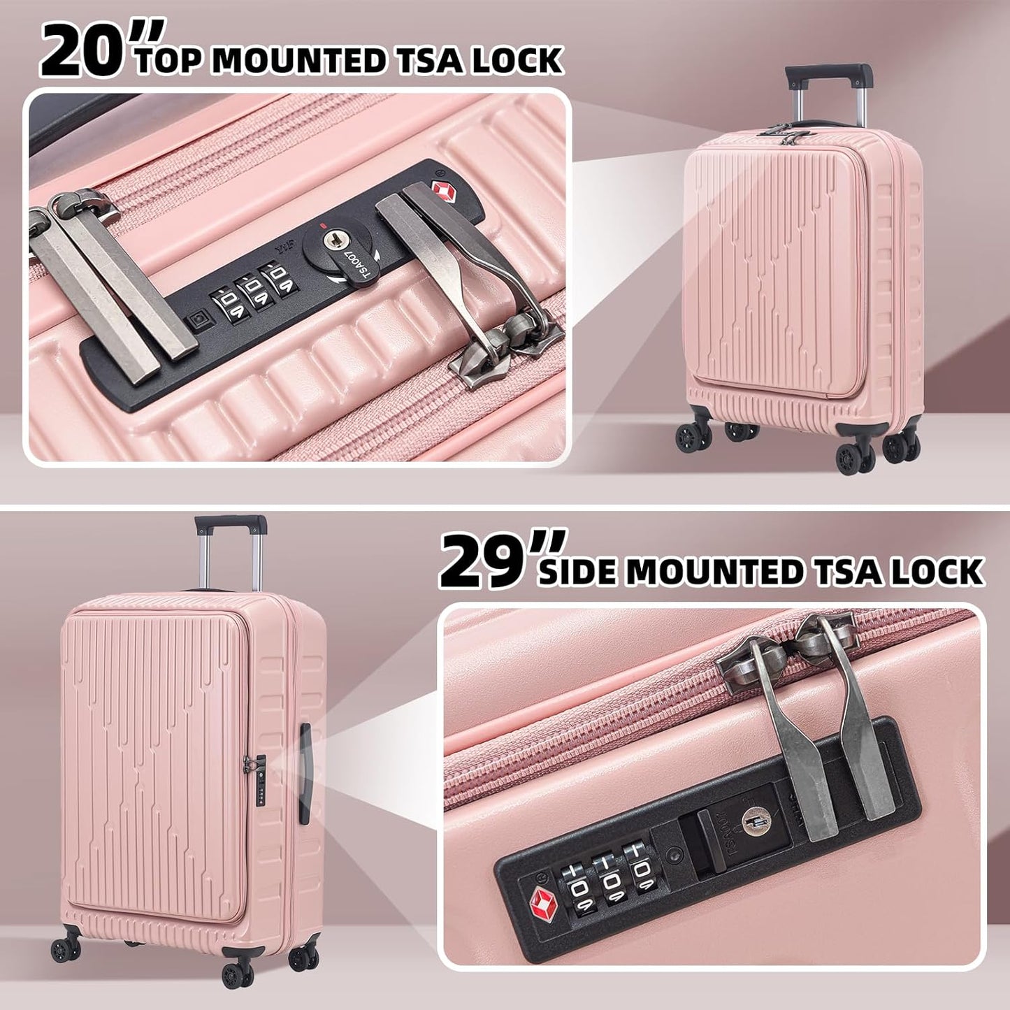 2 Pieces 20/29 Luggage Sets, 20 Inch Cabin Luggage with Front Pocket & 29 Inch Side Opening Suitcase, Ligthweight ABS+PC Hardshell, Pink