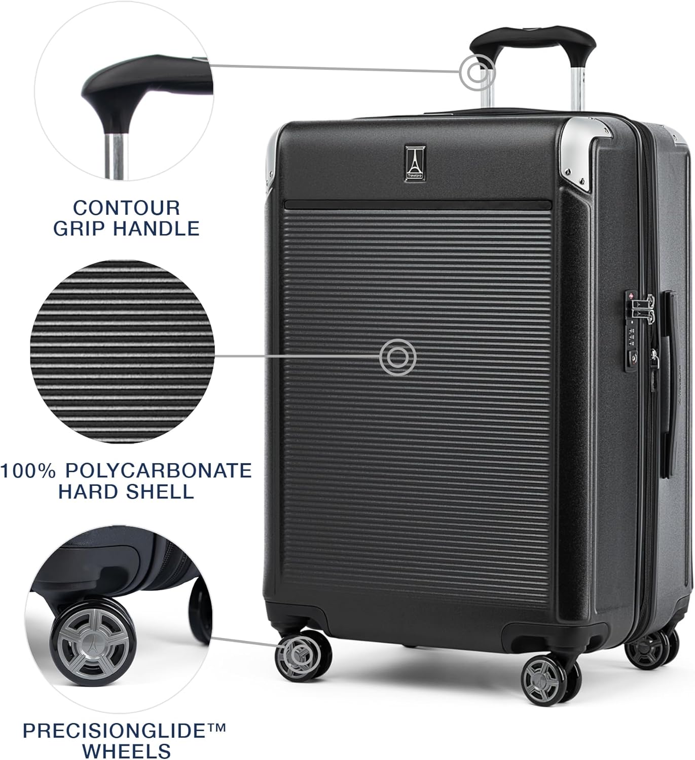 Travelpro Platinum Elite Hardside Expandable Checked Luggage, 8 Wheel Spinner, TSA Lock, Hard Shell Polycarbonate Suitcase, Shadow Black, Checked Medium 25-Inch