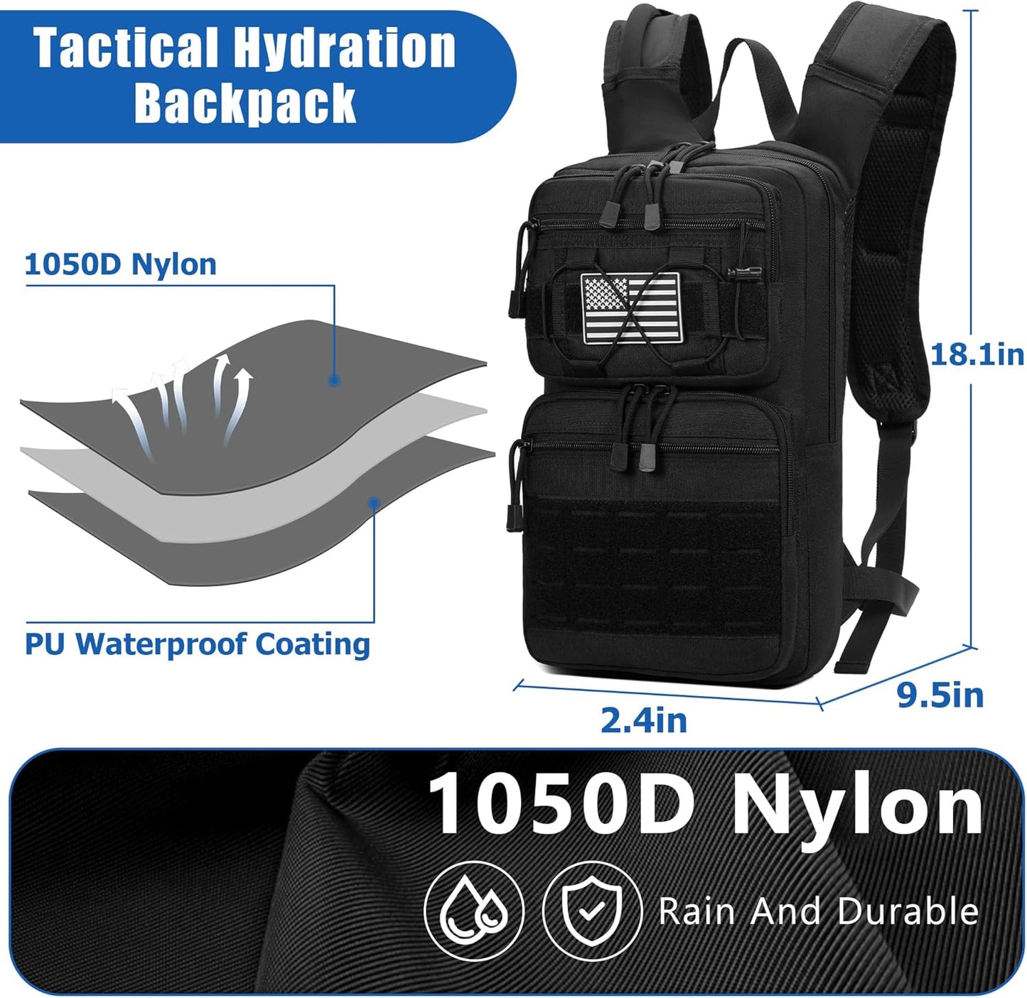 1050D Tactical Hydration Backpack with 3L TPU Water Bladder, Military Molle Water Backpack Perfect for Men & Women, Hydration Pack for Hiking, Biking, Running, Climbing, Hunting, Daily Use