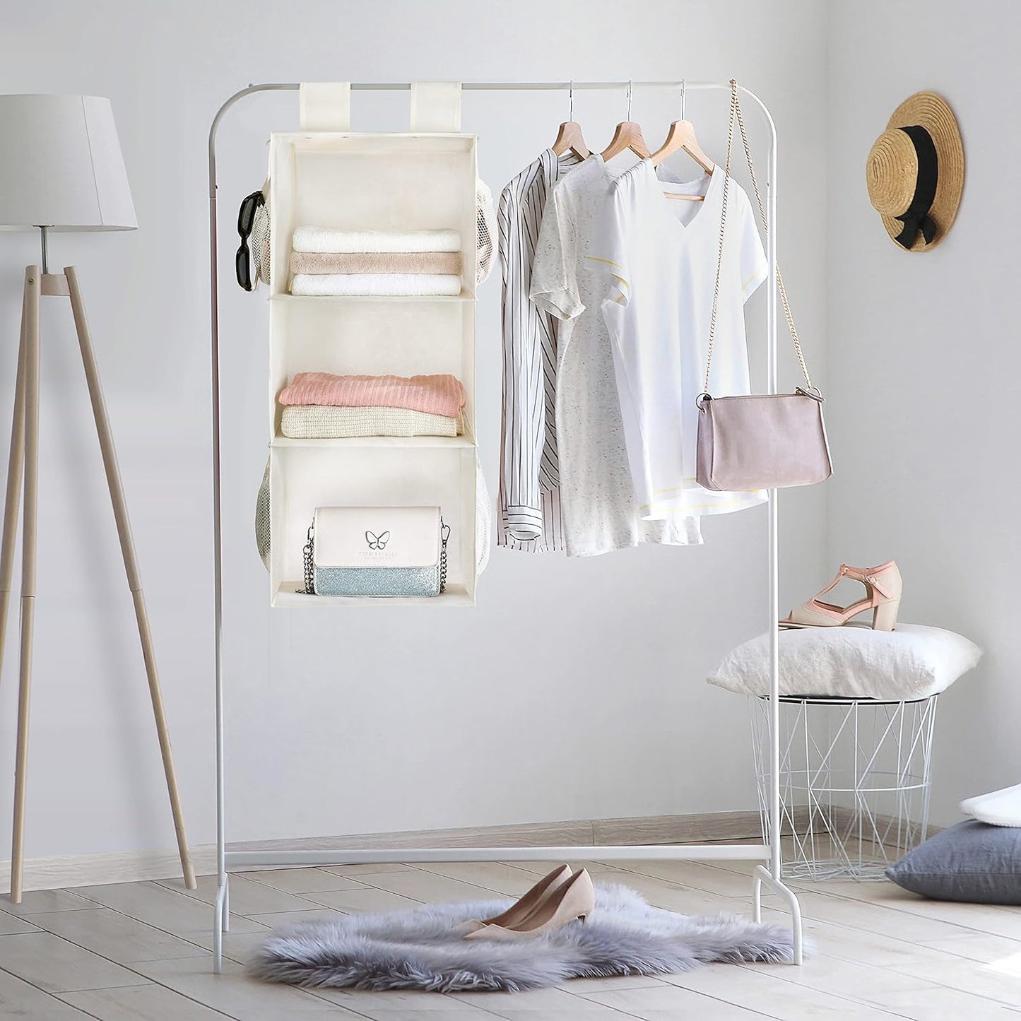 MAX Houser 3-Shelf Hanging Closet Organizer, Hanging Sweater Organizer, Foldable Hanging Shelves for Closet with 2 Velcro, Beige