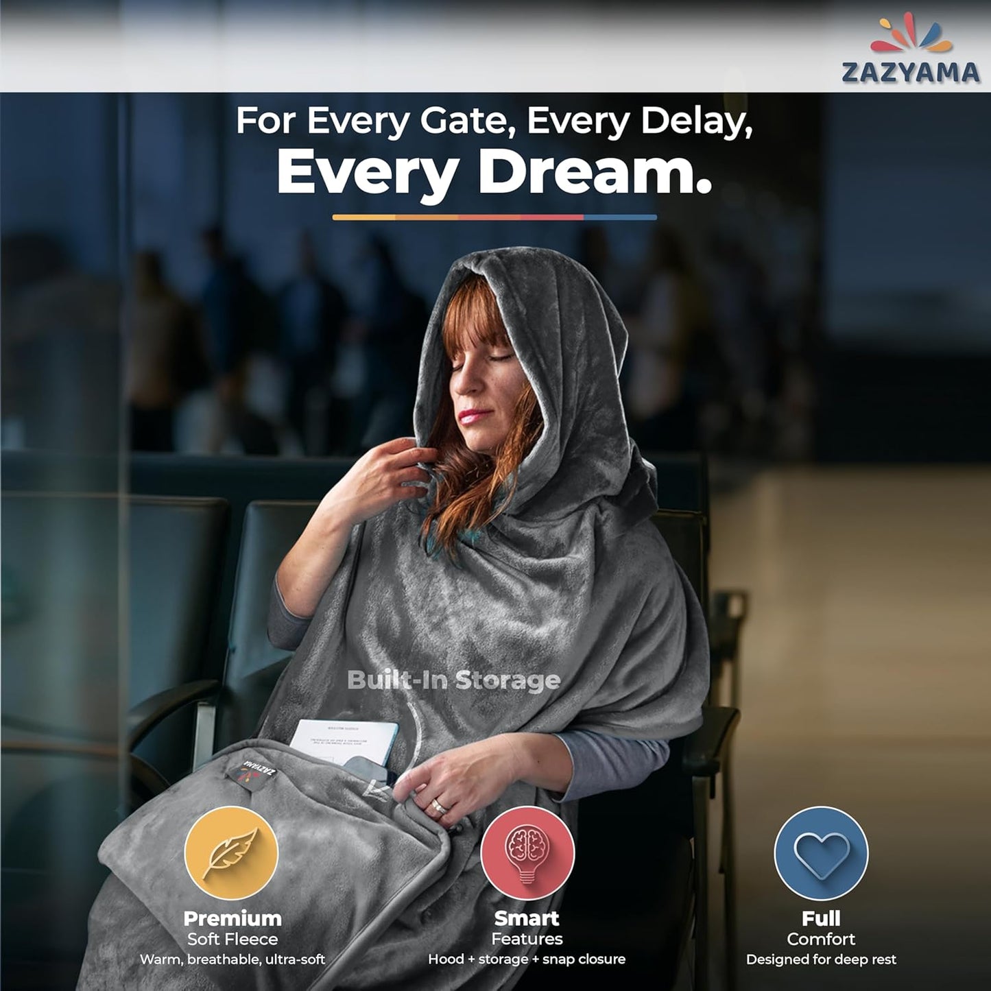 3-in-1 Travel Blanket Airplane – Compact with Bag & Pillow Combo Set, Gray Ultra-Soft Fleece | Packable Blanket Compact | Hidden Pocket | Trolley Sleeve | Carabiner | Travel Essentials