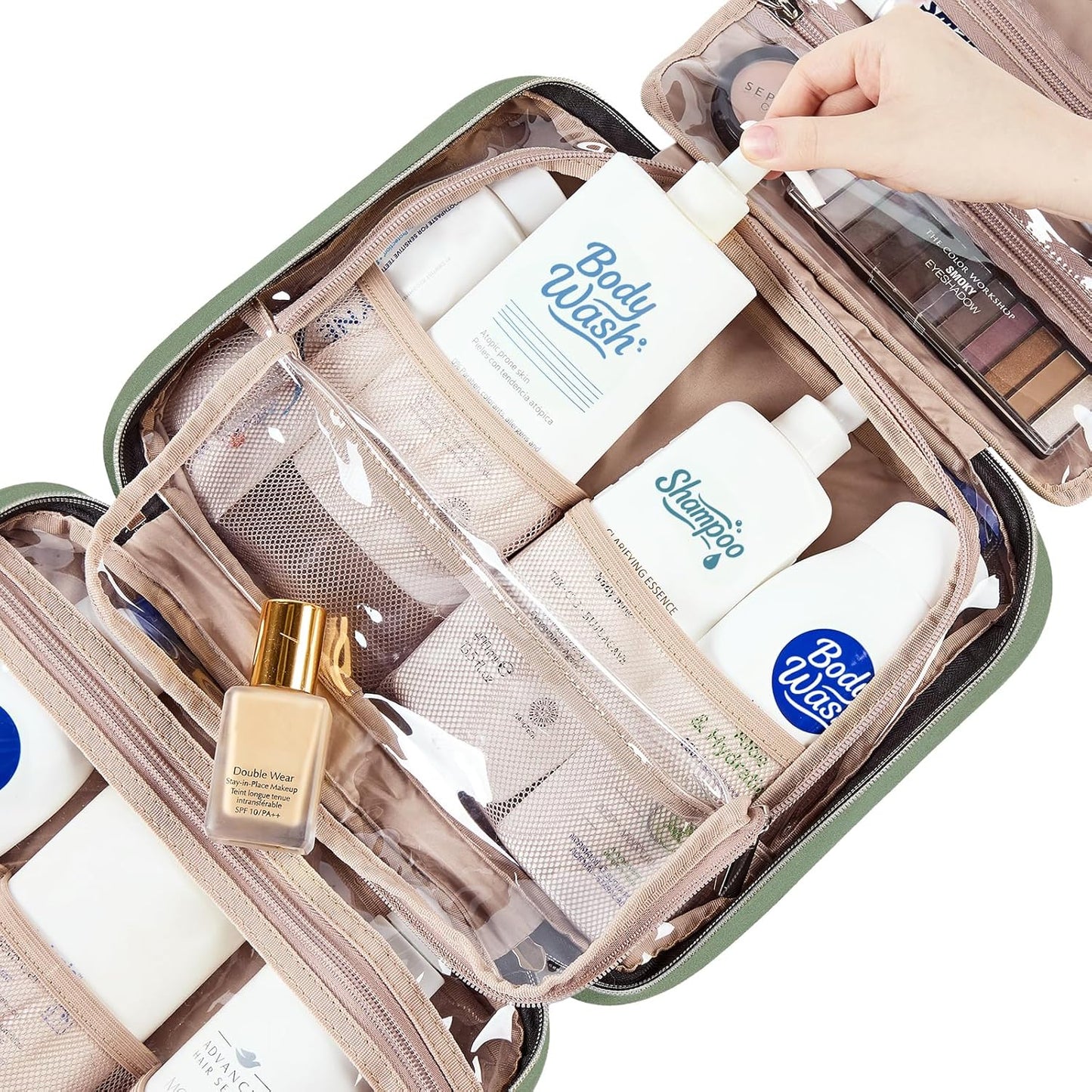 NISHEL Large Double Layer Travel Makeup Bag Women, Cosmetic Case, Organizer for Travel-Size Accessories Bottles, Brushes, Conditioner, and Skin Care Products, Bronze Green