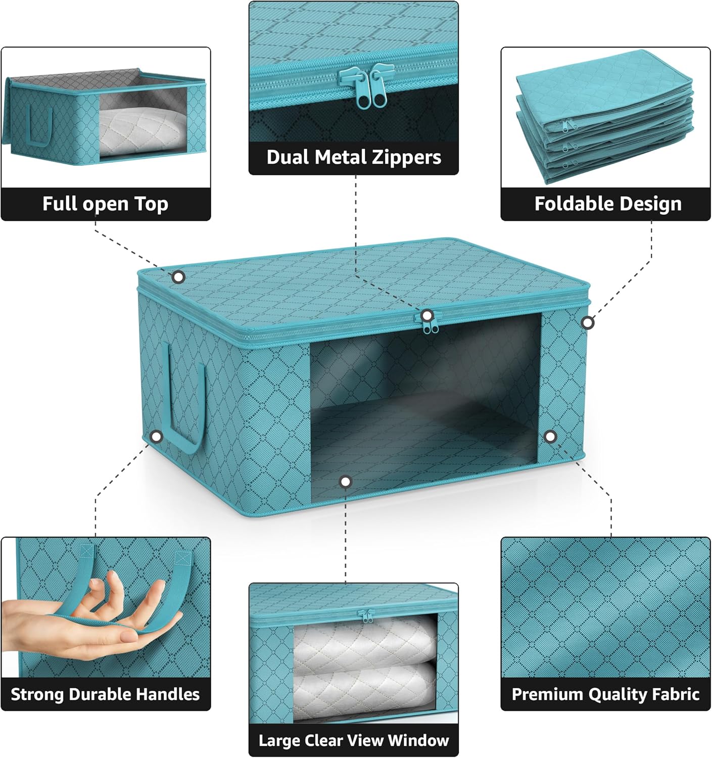 Sorbus Foldable Storage Bag Organizers, Large Clear Window & Carry Handles, Great for Clothes, Blankets, Closets, Bedrooms, and more (3-Pack, Aqua)