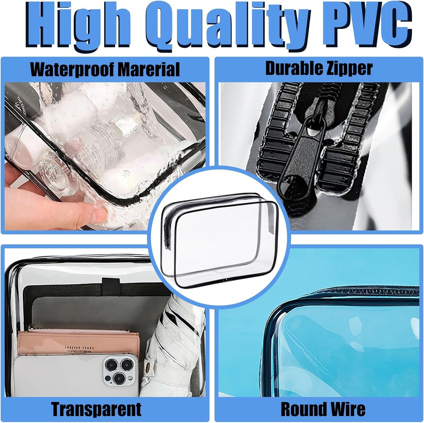 3 Pack Clear Cosmetic Bag, Waterproof Toiletry Bag with Zipper, Transparent Travel Makeup Bags, TSA Approved Clear Organizer Bags, PVC Cosmetic Pouch Case for Vacation Airport Airline Compliant