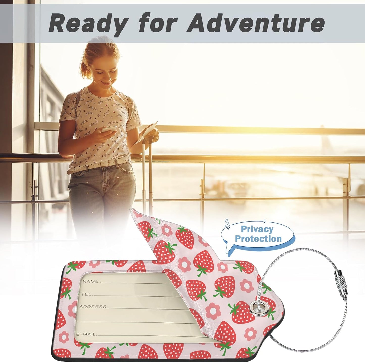 2 Pack Luggage Tag for Suitcase,Retro Strawberry Leather Suitcase Tags Identifiers with Privacy Name Address Labels and Durable Steel Loop for Women Men Travel