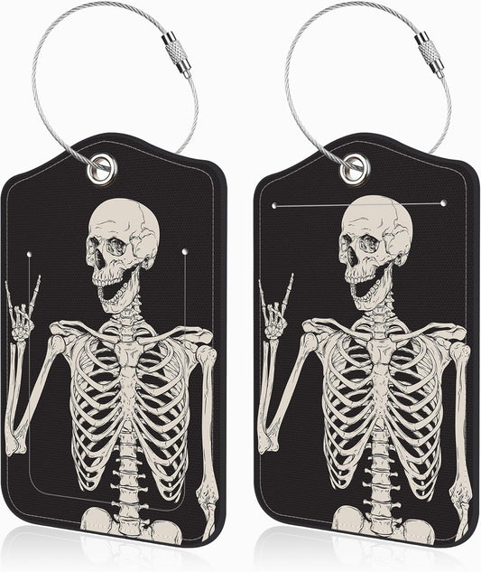 2 Pcs Rock and Roll Skull Luggage Tags for Suitcases PU Leather Baggage Tags Name ID Label with Privacy Cover and Stainless Steel Loop for Men Women Travel Bag Suitcase