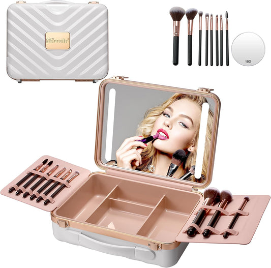 Mocado Travel Makeup Case with Lighted Mirror, 8 Makeup Brushes & 10x Magnifying Mirror, Cosmetic Case with Adjustable Brightness, White