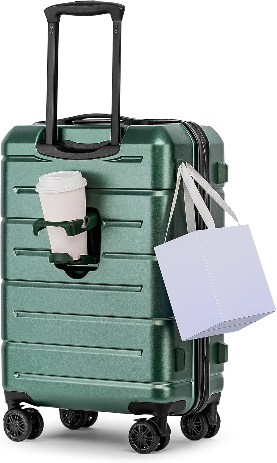 KYME Hardside Carry On Luggage 22x14x9 Airline Approved with TSA Lock Hardshell 22 Inch Suitcase with Spinner Wheels Small Travel Rolling Luggage with Cup Holder for Men Women Green