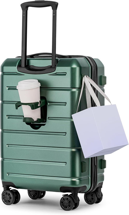KYME Hardside Carry On Luggage 22x14x9 Airline Approved with TSA Lock Hardshell 22 Inch Suitcase with Spinner Wheels Small Travel Rolling Luggage with Cup Holder for Men Women Green