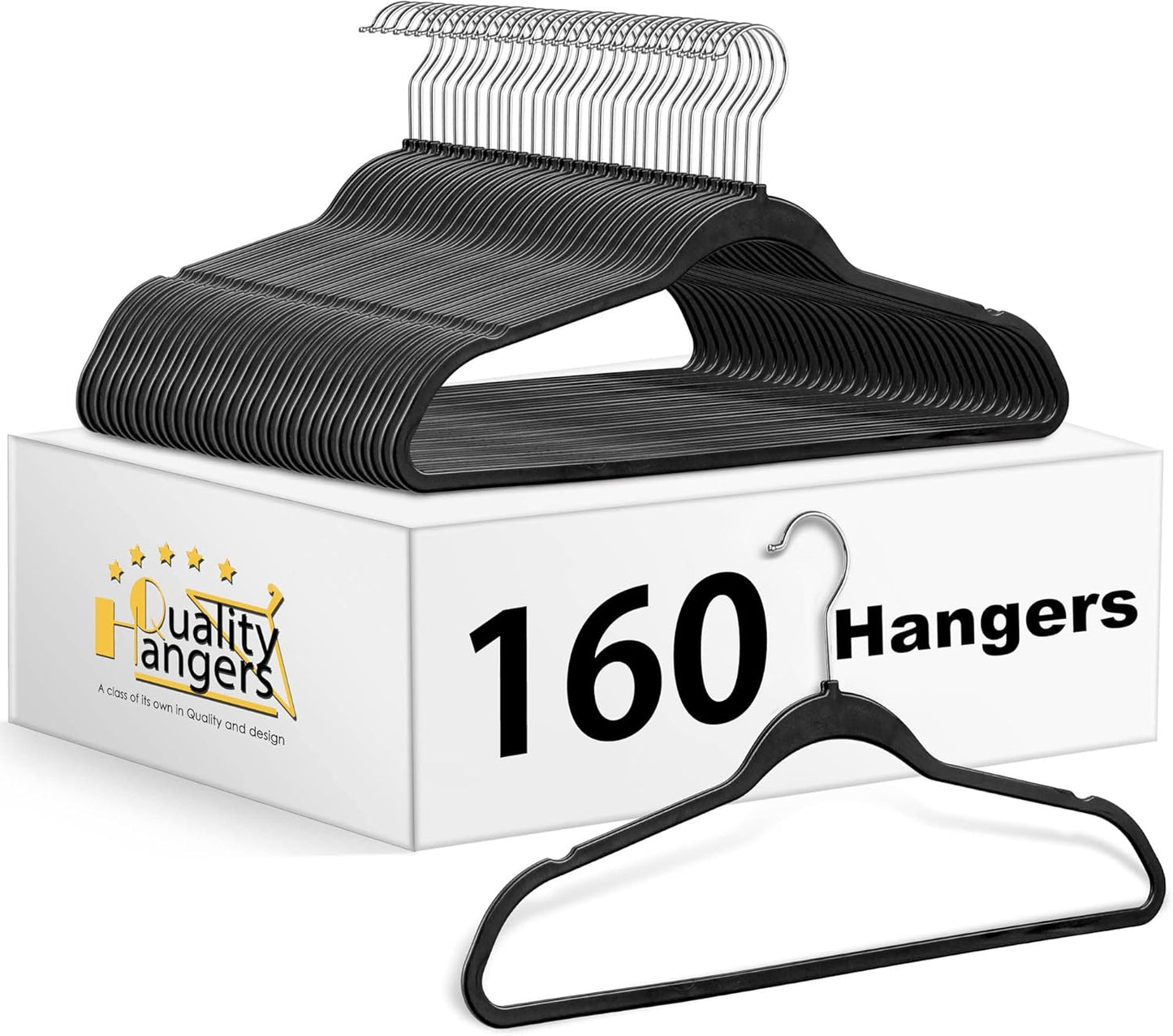 Quality Hangers 160 Pack Slim Plastic Hangers for Clothes - Heavy Duty Non-Velvet Hangers with 360° Swivel Chrome Hook & Non Slip Notches - Ideal for Dresses Coats Shirts Jackets & More - Black