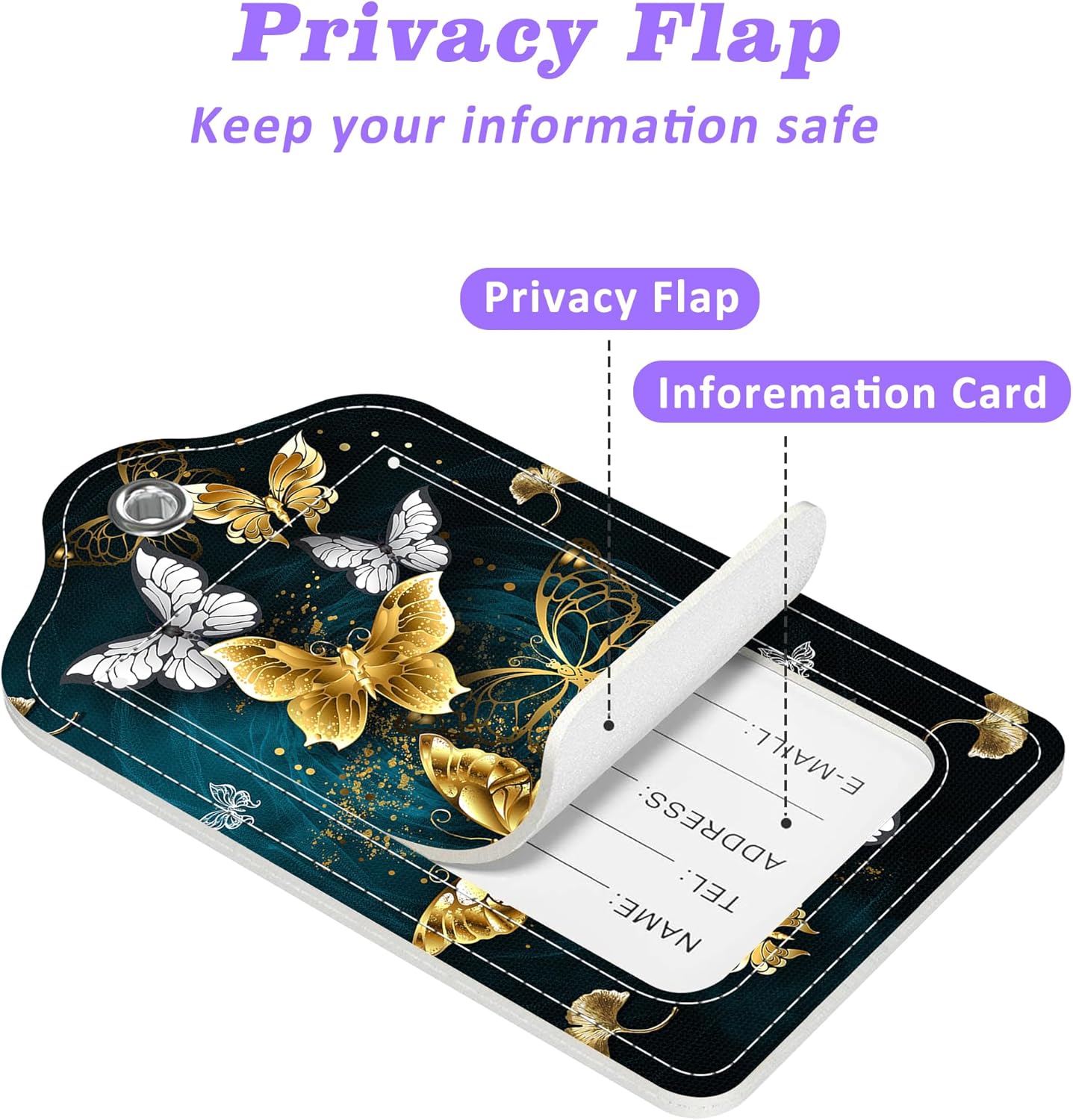 Set of 2 Luggage Tags Golden and White Butterfly Leather Suitcases Tag with Privacy Cover Stainless Steel Loop and Address Card for Women Men Travel