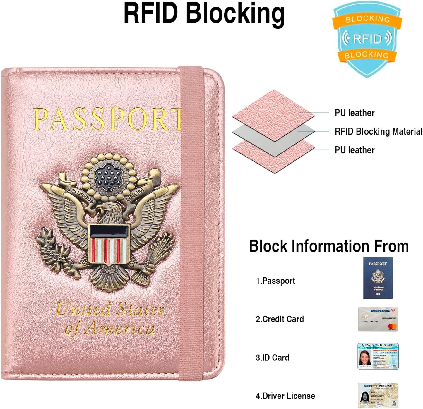 Passport Holder for Travel Passport Cover for Men Passport Wallet Case with Metal Badge Protector Leather Card Case RFID Blocking Women Travel Accessories Document Organizer (Rose Gold)