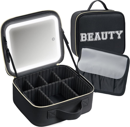 Makeup Bag with LED Mirror – Travel Cosmetic Organizer with Lighted Mirror, Adjustable Dividers & Brush Holder Storage – Portable PU Leather Makeup Case for Women & Girls - Black