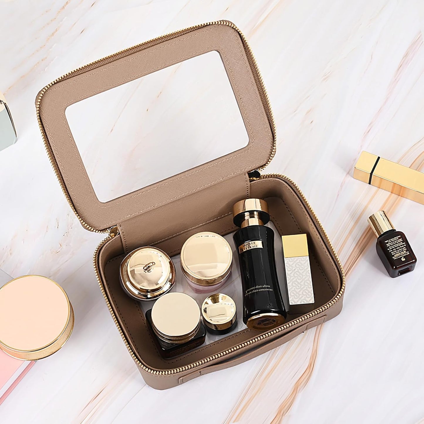 Aveniee Clear Makeup Bag Organizer, Travel Toiletry Bag Cosmetic Case for Women, Portable Make Up Skincare Pouch Car Organizer Bag with Zippers for Essentials,Taupe