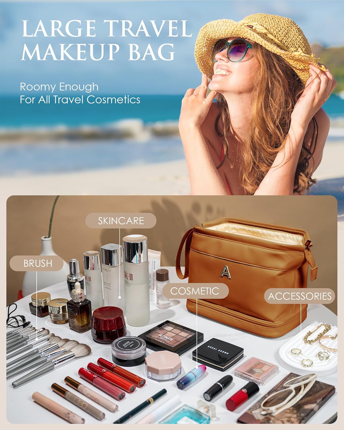 Cute Female Gift, Personalized Makeup Bag, Monogrammed Gifts, Initial Double Layer Cosmetic Bag with Makeup Brush Organizer, Travel Toiletry Bag, Gifts for Friends Female Mom, Teen Girl Gifts