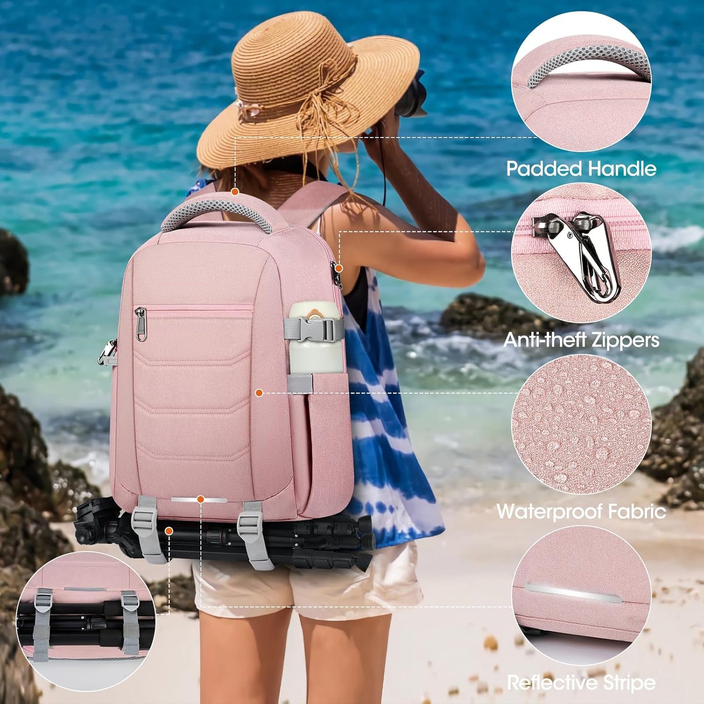 SDYSM Camera Bag Backpack Professional for DSLR SLR Mirrorless Camera Waterproof Laptop Back Pack 14 Inch with Rain Cover Anti Theft Travel Case Large Capacity Photography Backpack Pink