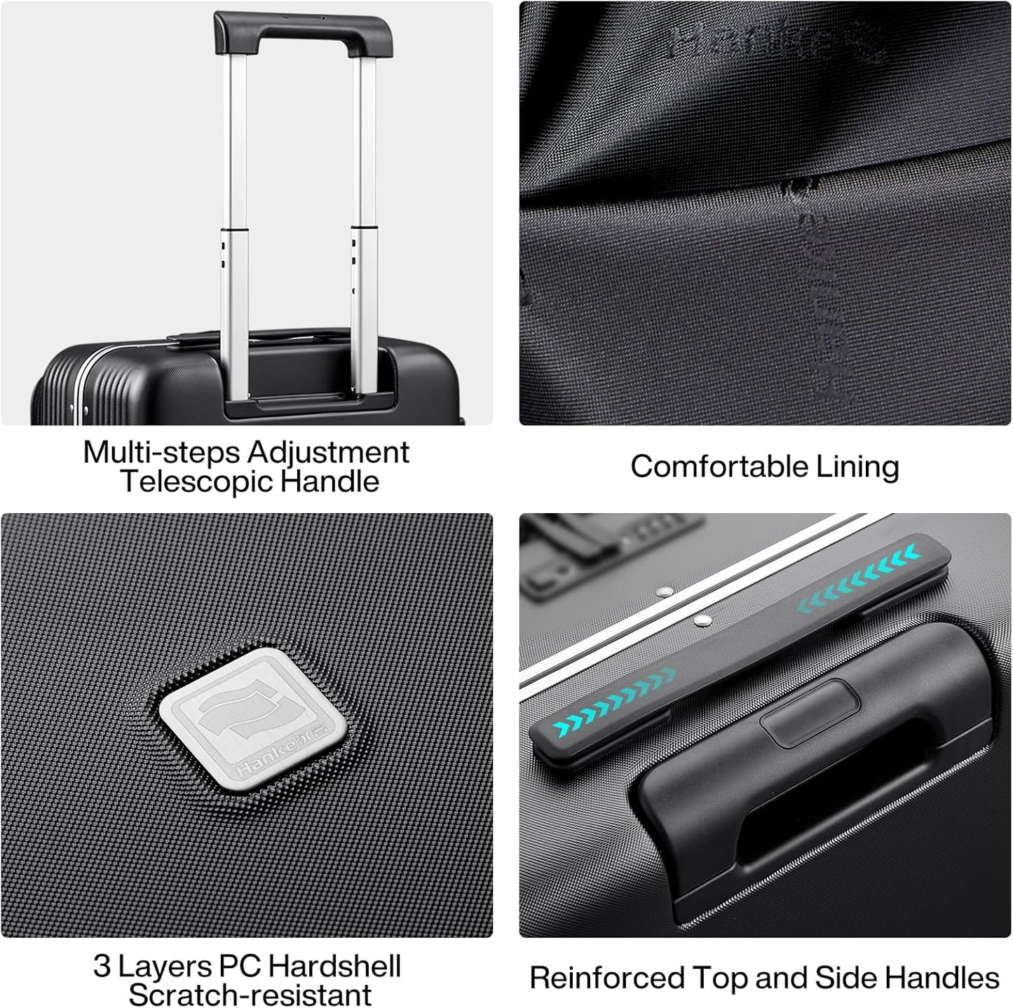 Hanke Grace Hard Shell Suitcases with Wheels,20 Inch Carry On Luggage Airline Approved with Aluminum Frame, Travel suitcase with Front Pocket Travel Luggage for Short Business Trips, Jet Black.