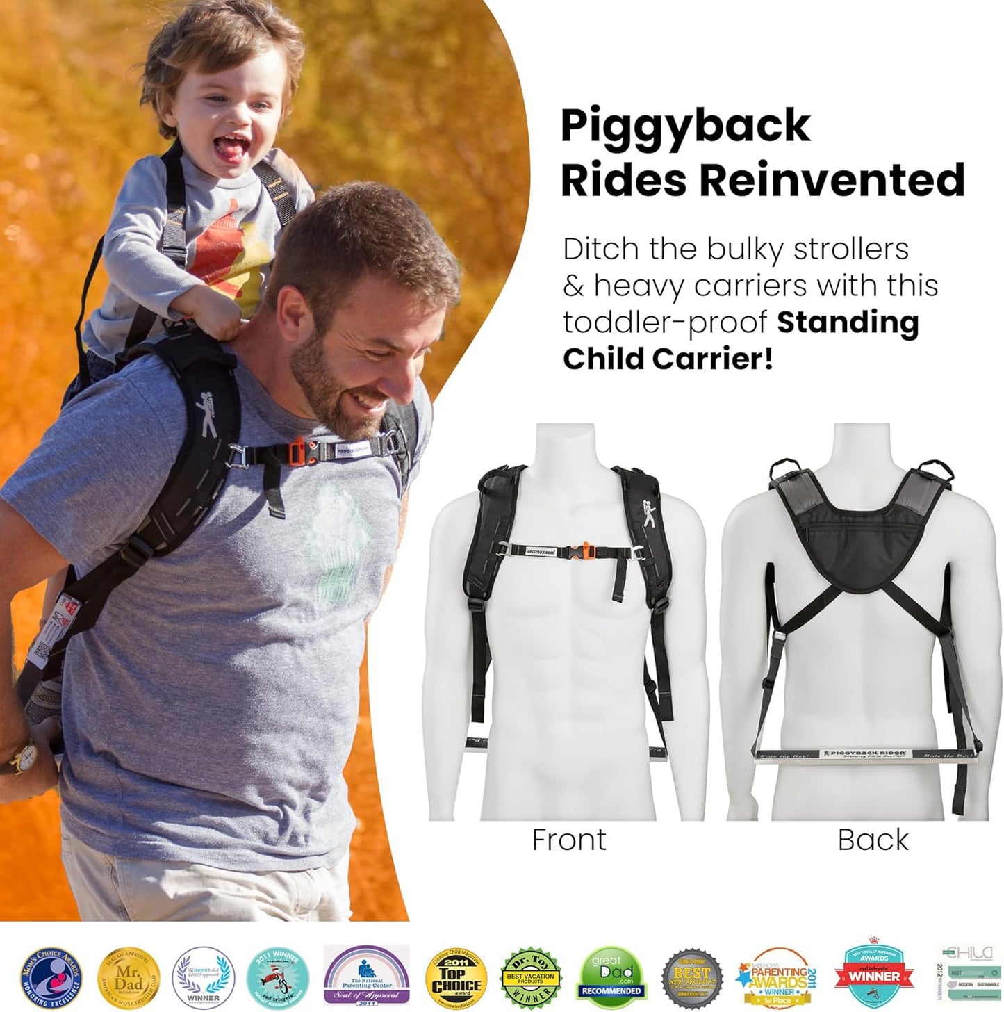 Piggyback Rider - Scout Standing Child Carrier Backpack for Events & Travel - Complete Parent & Child Set with Secure Safety Harness for Ages 2-4, Toddler Carrier Up to 50lbs