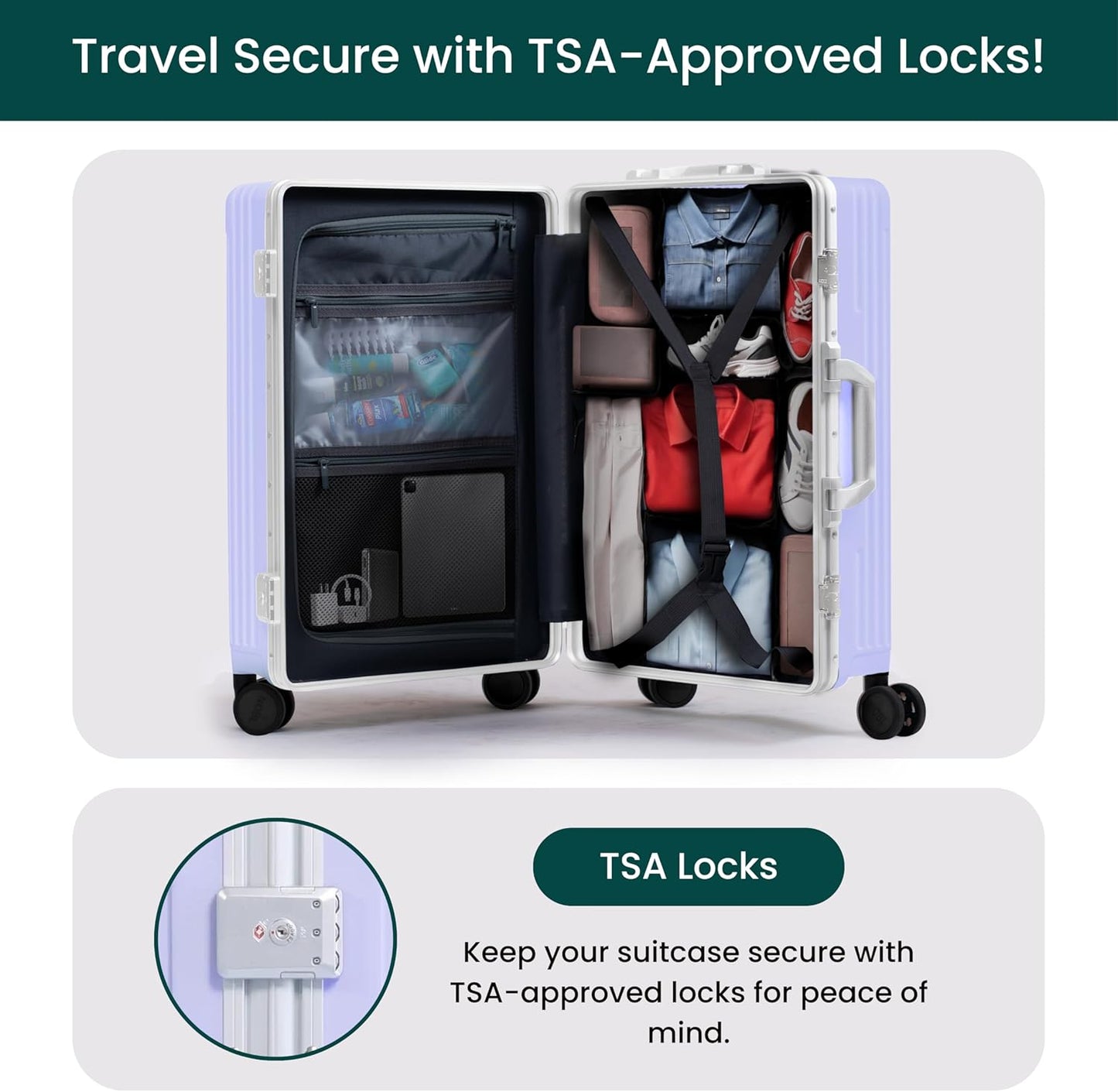 Nobl Travel Carry On Luggage, Noble Zipperless Aluminum Frame PC Hard Shell Suitcase, 20.8"x15"x8.7" Airline Approved, 360° Spinner Wheels, TSA Locks, USB Charging Port, Cup & Phone Holder - Lavender