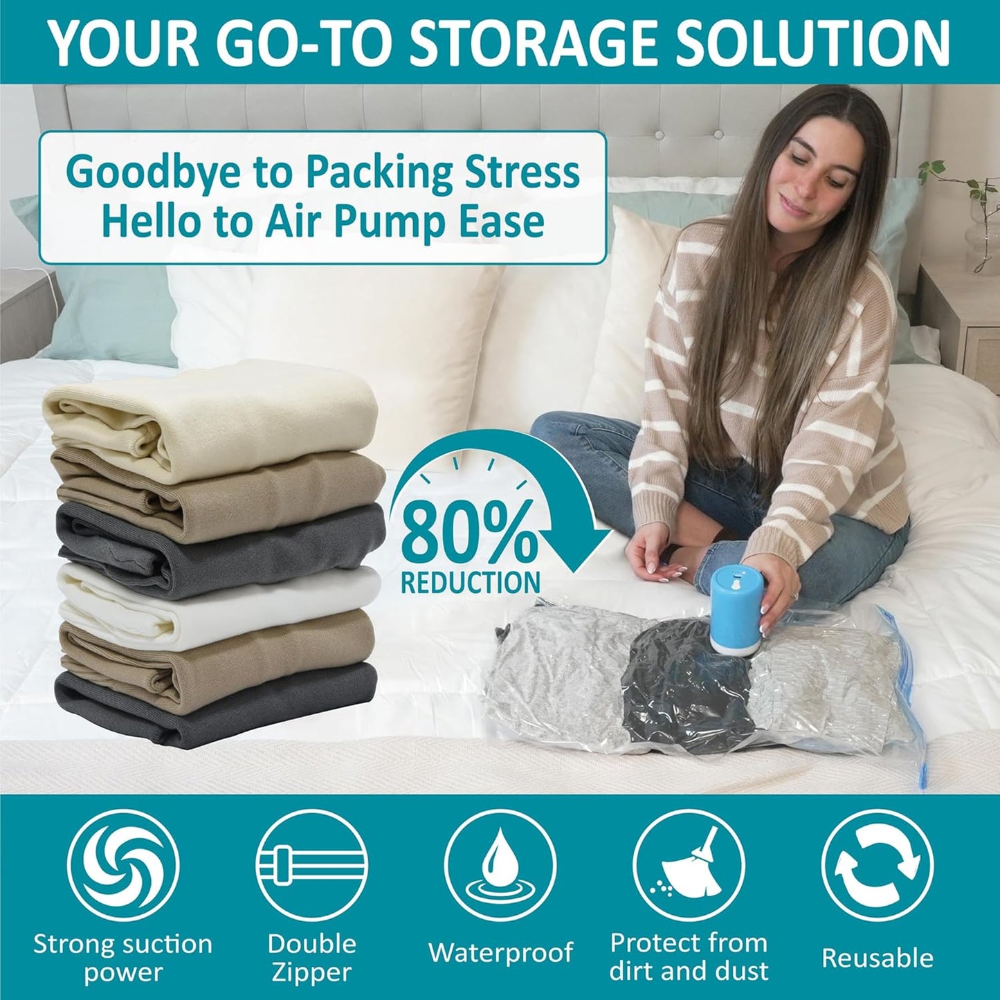 Cozy Essential 26 Pack Vacuum Storage Bags with Portable Electric Pump, Vacuum Seal Space Saver Bags for Clothing, Pillows, Blanket, Bedding, Comforters