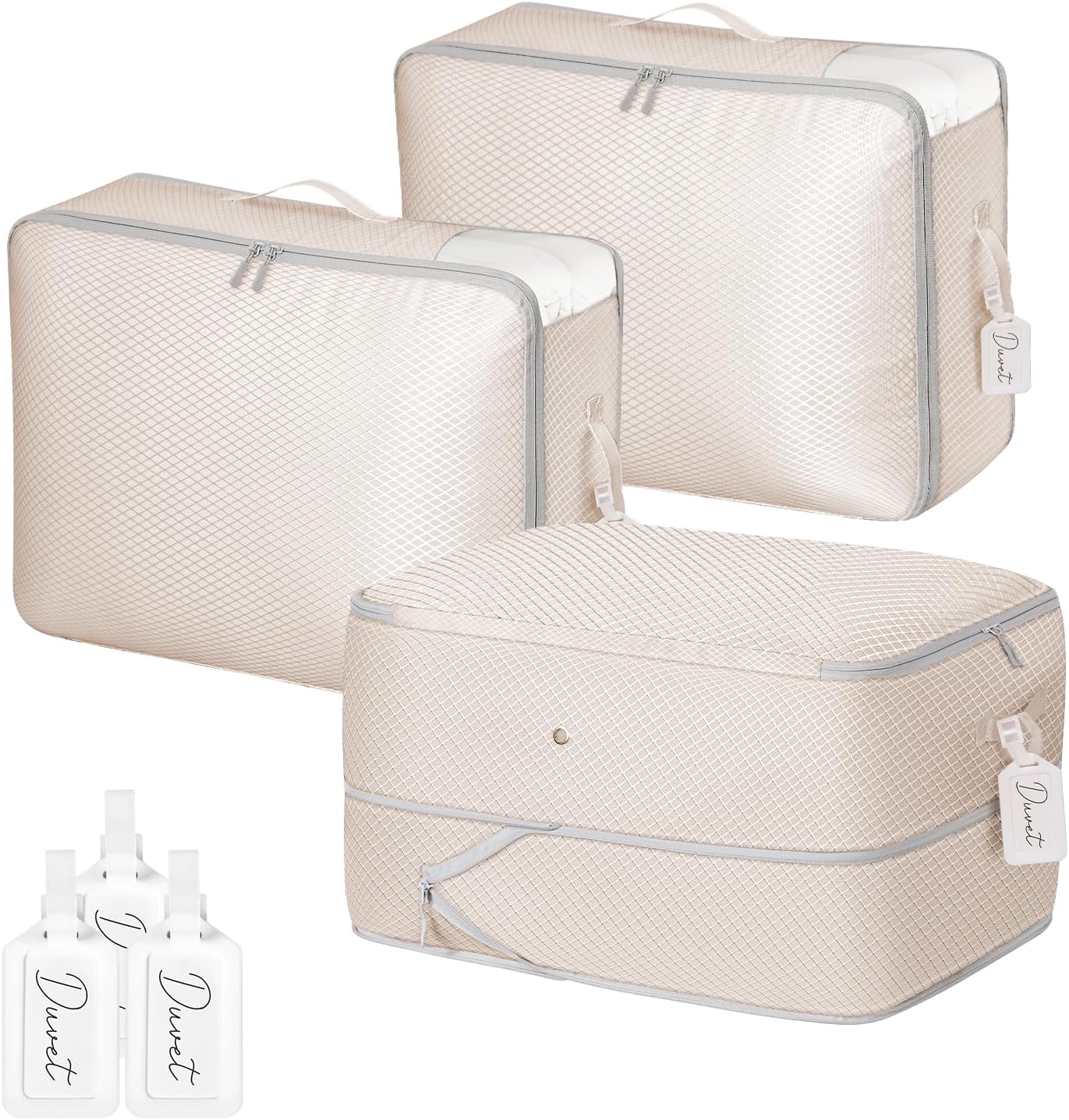 DIMJ 66L Comforter Storage Bag - 3 Pack Space-Saving Self-Compression Bags for Blankets, Duvets, Pillows, Bedding, and Down Jackets with Clear Window and Handle