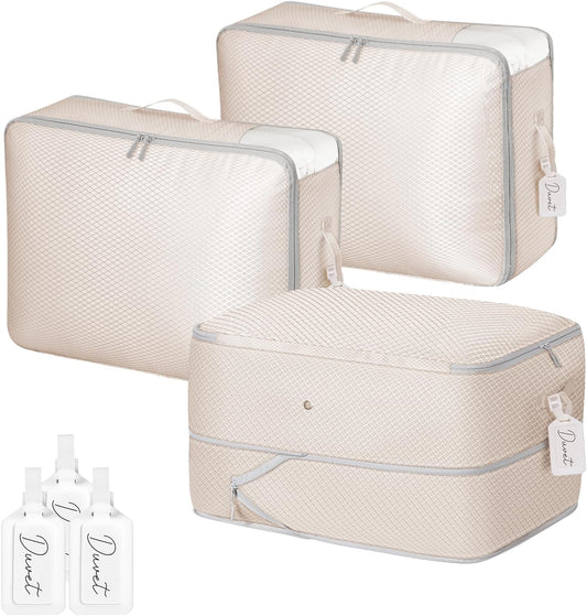 DIMJ 66L Comforter Storage Bag - 3 Pack Space-Saving Self-Compression Bags for Blankets, Duvets, Pillows, Bedding, and Down Jackets with Clear Window and Handle