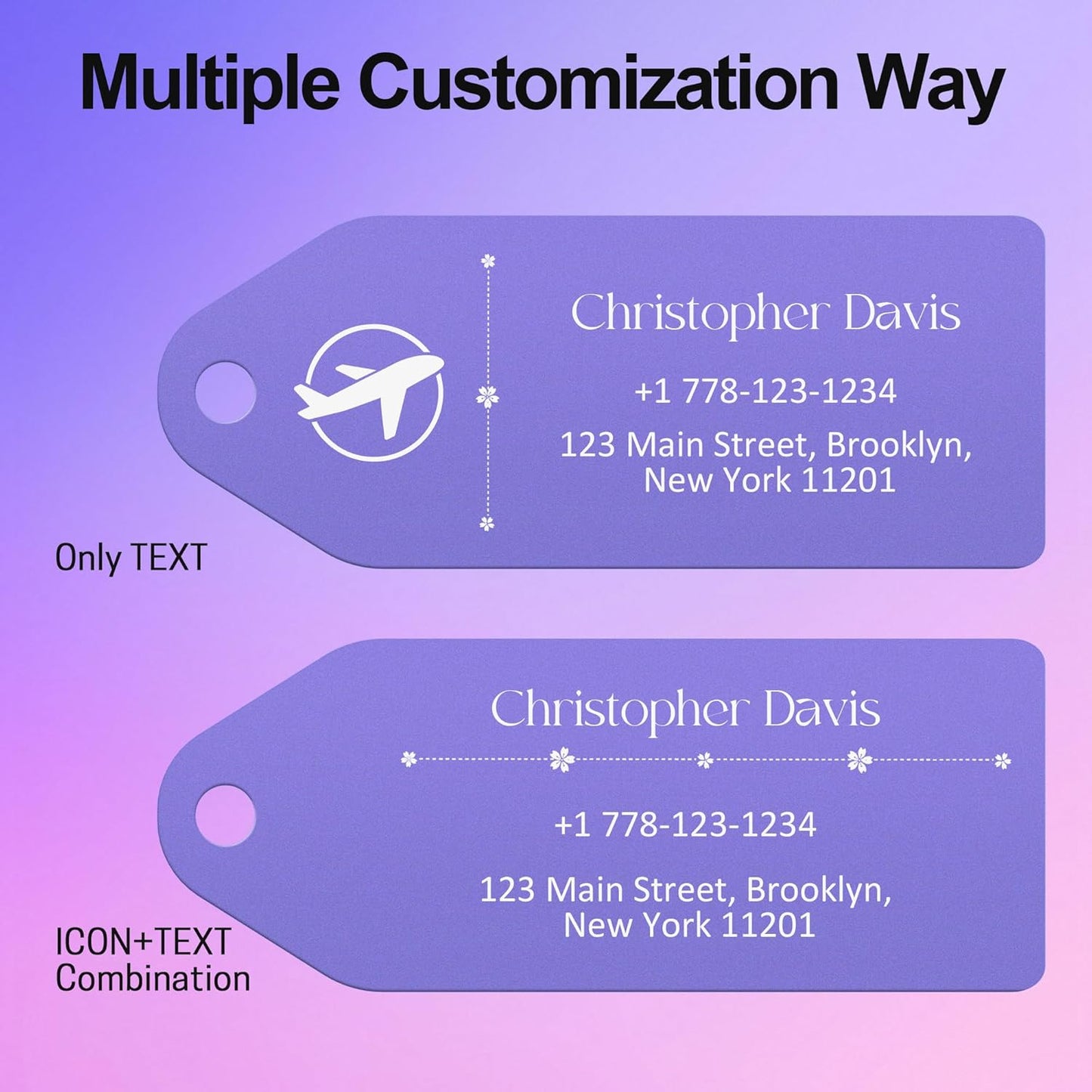 4 PCS Personalized Metal Luggage Tag – Personalized Engraved Suitcase Tag, Backpack Tag, with Matching Color Strap, Waterproof Suitcase Name Badge – Ideal Corporate Gift & Travel Accessory (Purple)