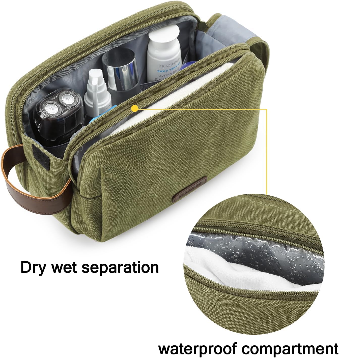 BAGSMART Toiletry Bag for Men, Canvas Travel Toiletry Organizer Dopp Kit Water-resistant Shaving Bag for Toiletries Accessories (Green, Medium)