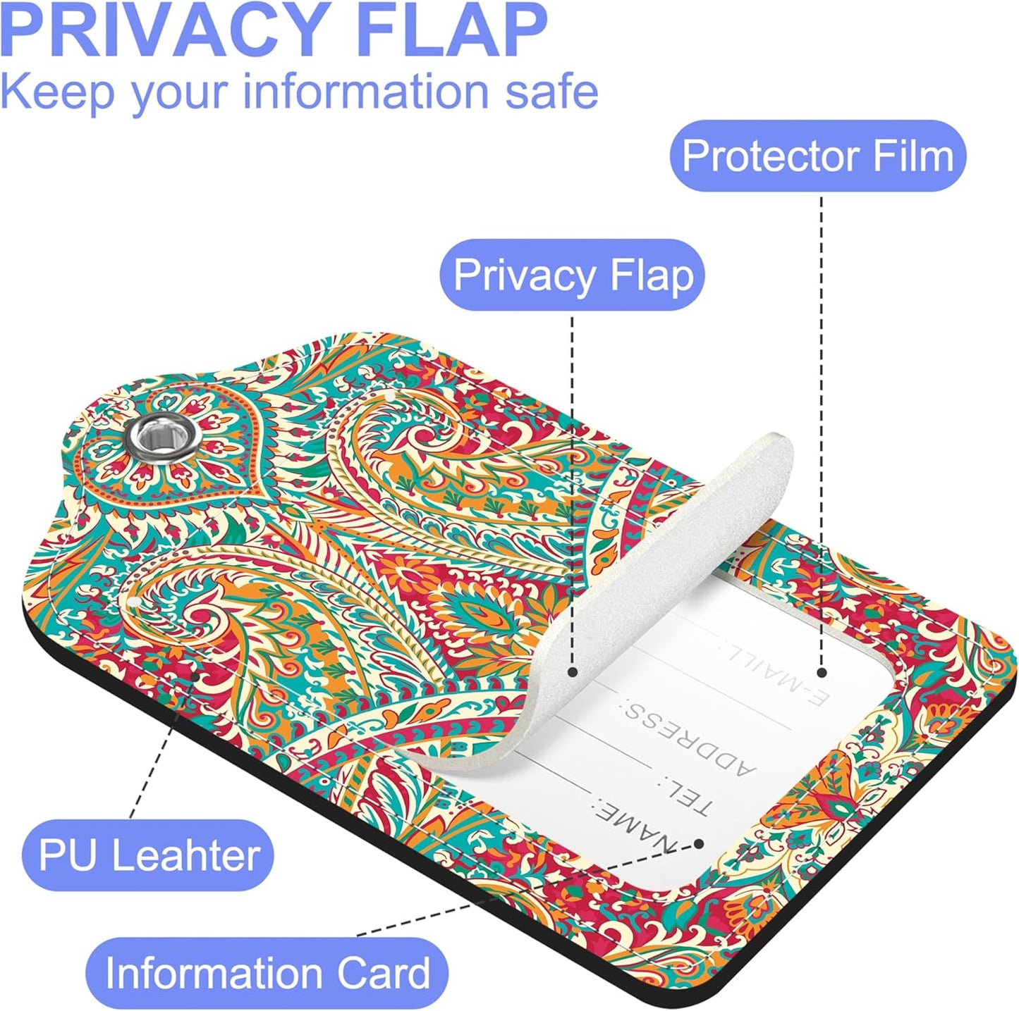 2 Pack Luggage Tags Paisley Pattern and Ethnic Style Floral PU Leather Baggage Tag with Privacy Cover Stainless Steel Loop and Name ID Card for Men Women Travel Bag Luggage Accessories