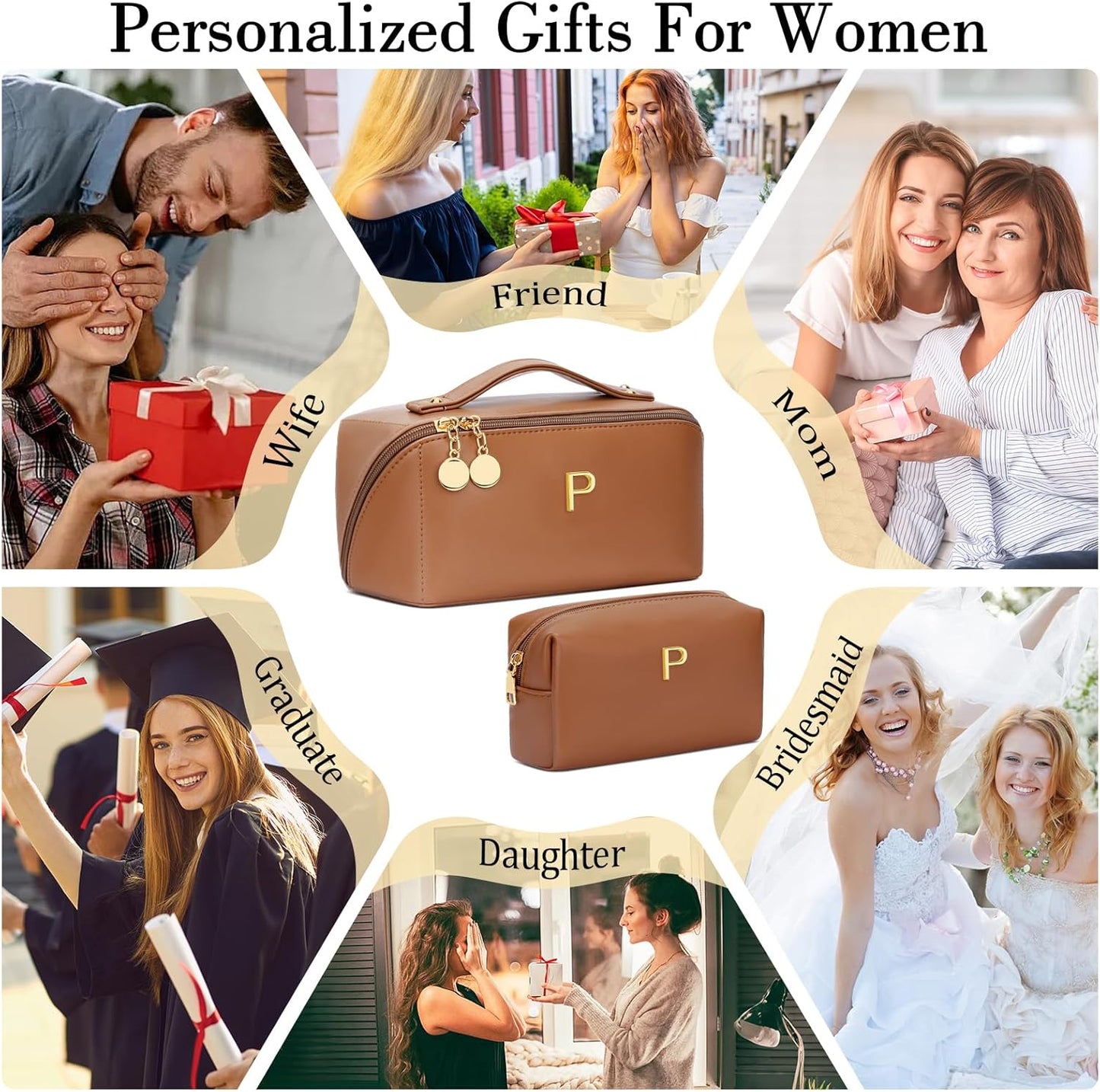 Birthday Gifts for Women Teen Girl, Personalized Initial Makeup Organizer Bag Set, Open Flat Travel Cosmetic Bag With Clear Divider and Handle(Brown,P)