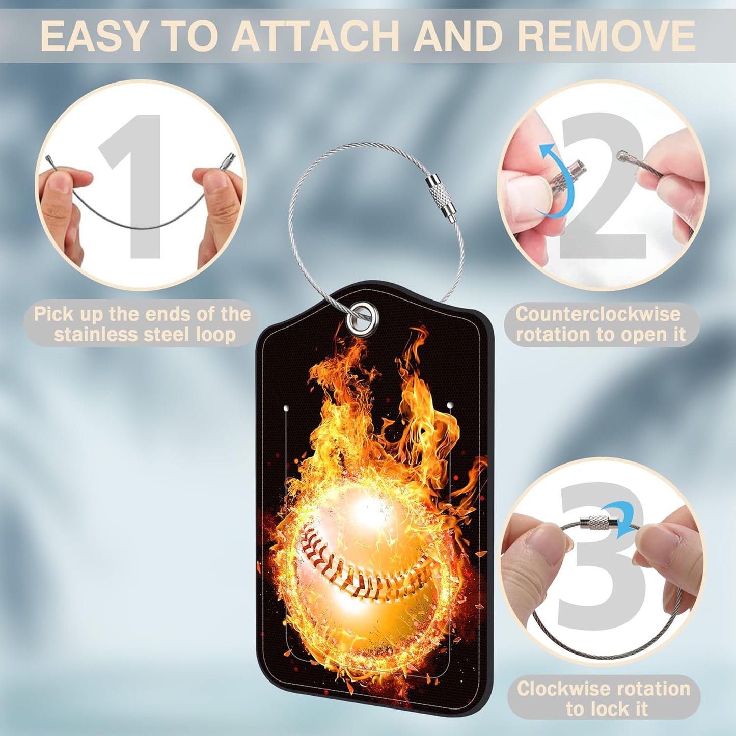 2 Pcs Baseball on Fire Luggage Tags for Suitcases PU Leather Baggage Tags Name ID Label with Privacy Cover and Stainless Steel Loop for Men Women Travel Bag Suitcase