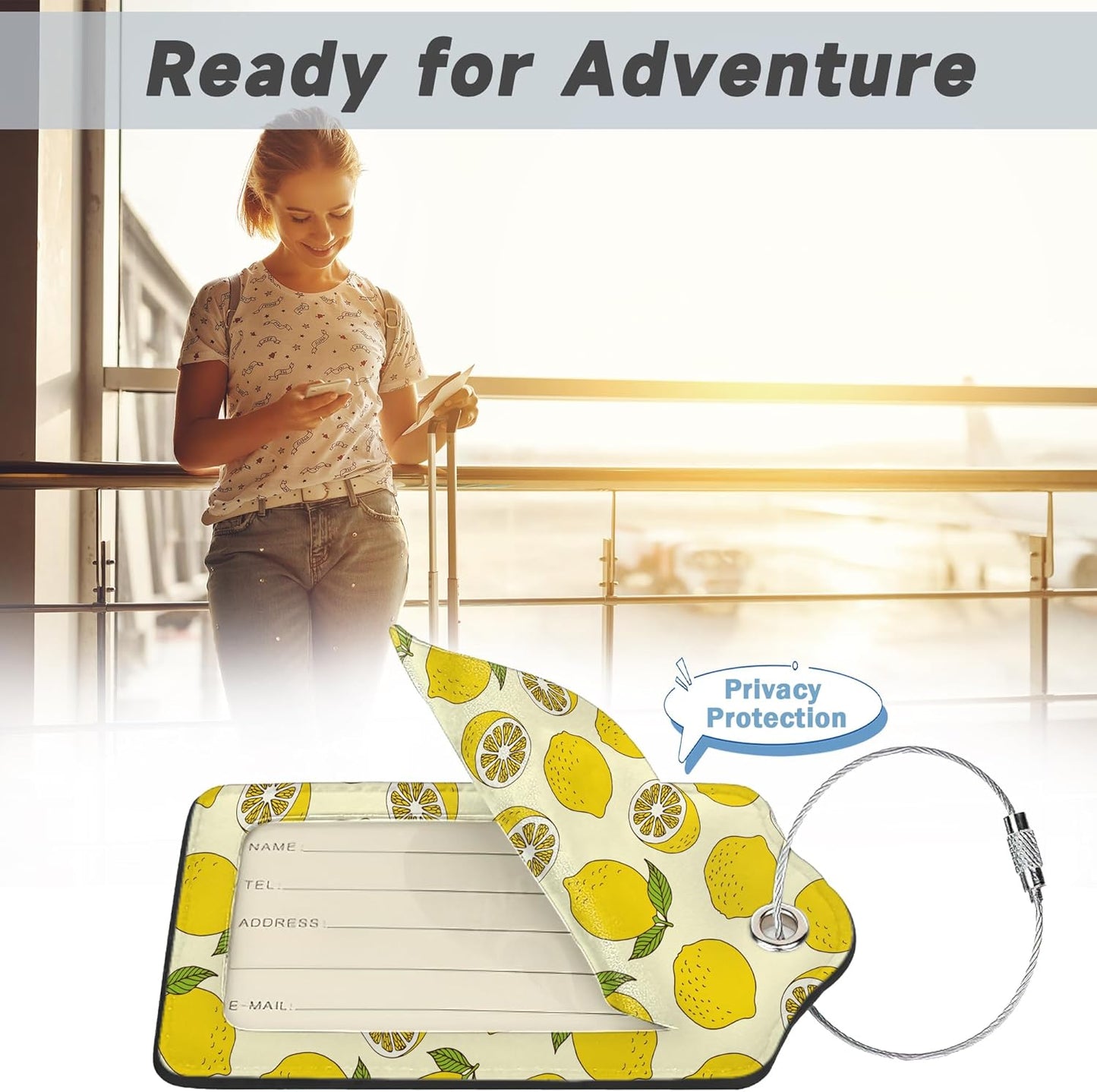 2 Pack Luggage Tag for Suitcase,Yellow Lemon Leather Bag Tags Identifiers Privacy Cover ID Label with Durable Steel Loop for Women Men Kids Girls Travel