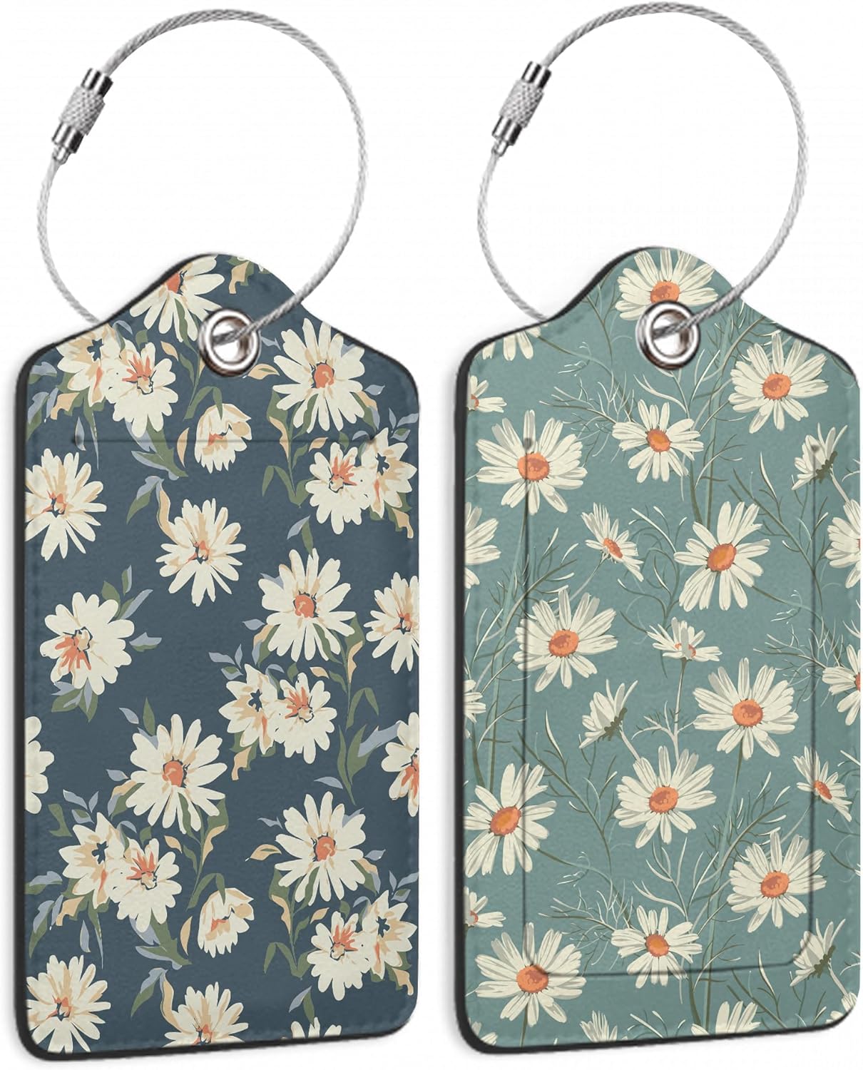 2 Pack Leather Luggage Tag for Suitcase Retro Daisy Flower Unique Travel Tags with Privacy Cover ID Label & Stainless Steel Loop for Men and Women Baggage