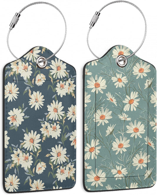 2 Pack Leather Luggage Tag for Suitcase Retro Daisy Flower Unique Travel Tags with Privacy Cover ID Label & Stainless Steel Loop for Men and Women Baggage