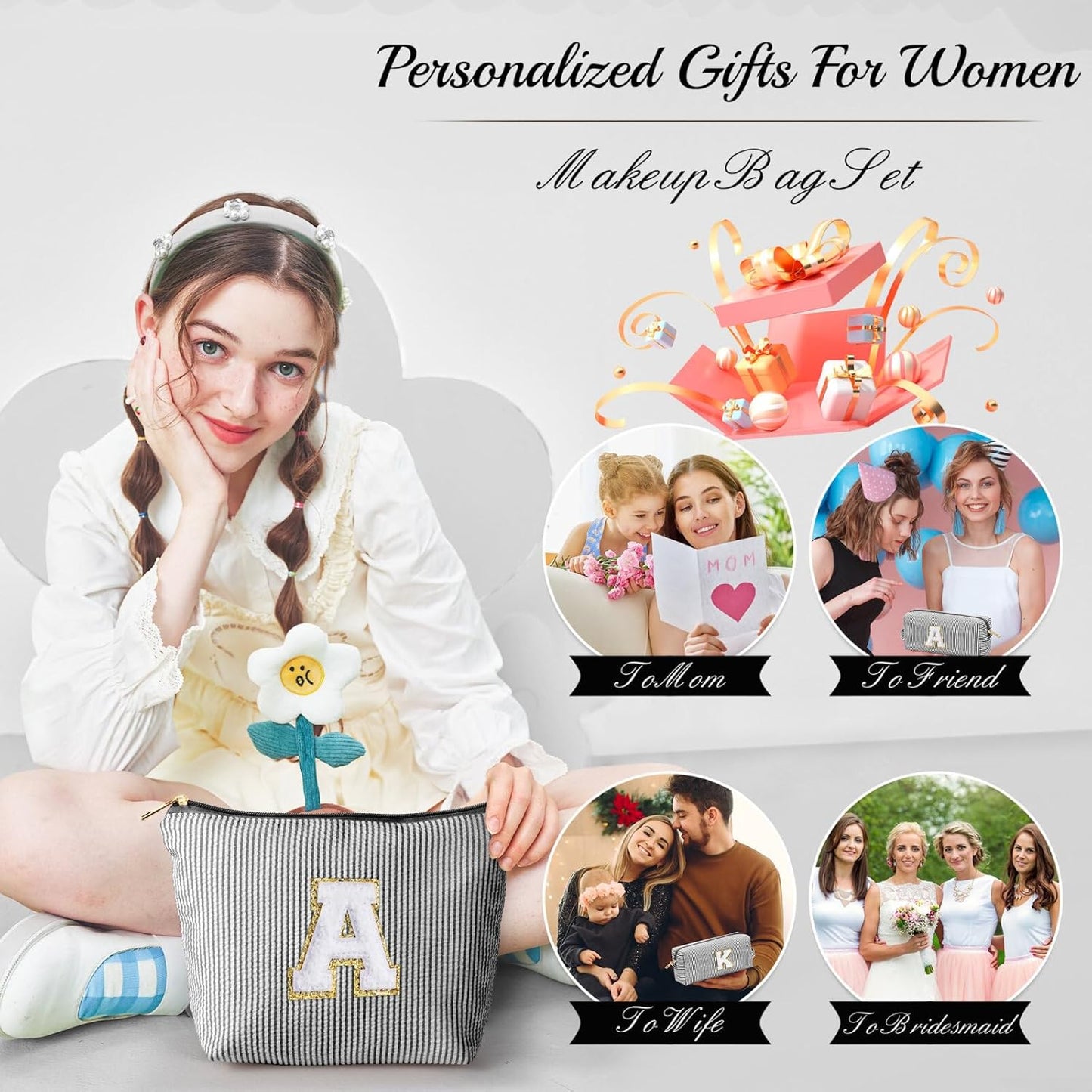 YOOLIFE Birthday Gifts for Women Girls - Personalized Initial Cute Makeup Bags Cosmetic Bag Make Up Bag Toiletry Pouch Gift for Women Her Friend Mom Teacher Sister Teenager Female Bridesmaids Black Z