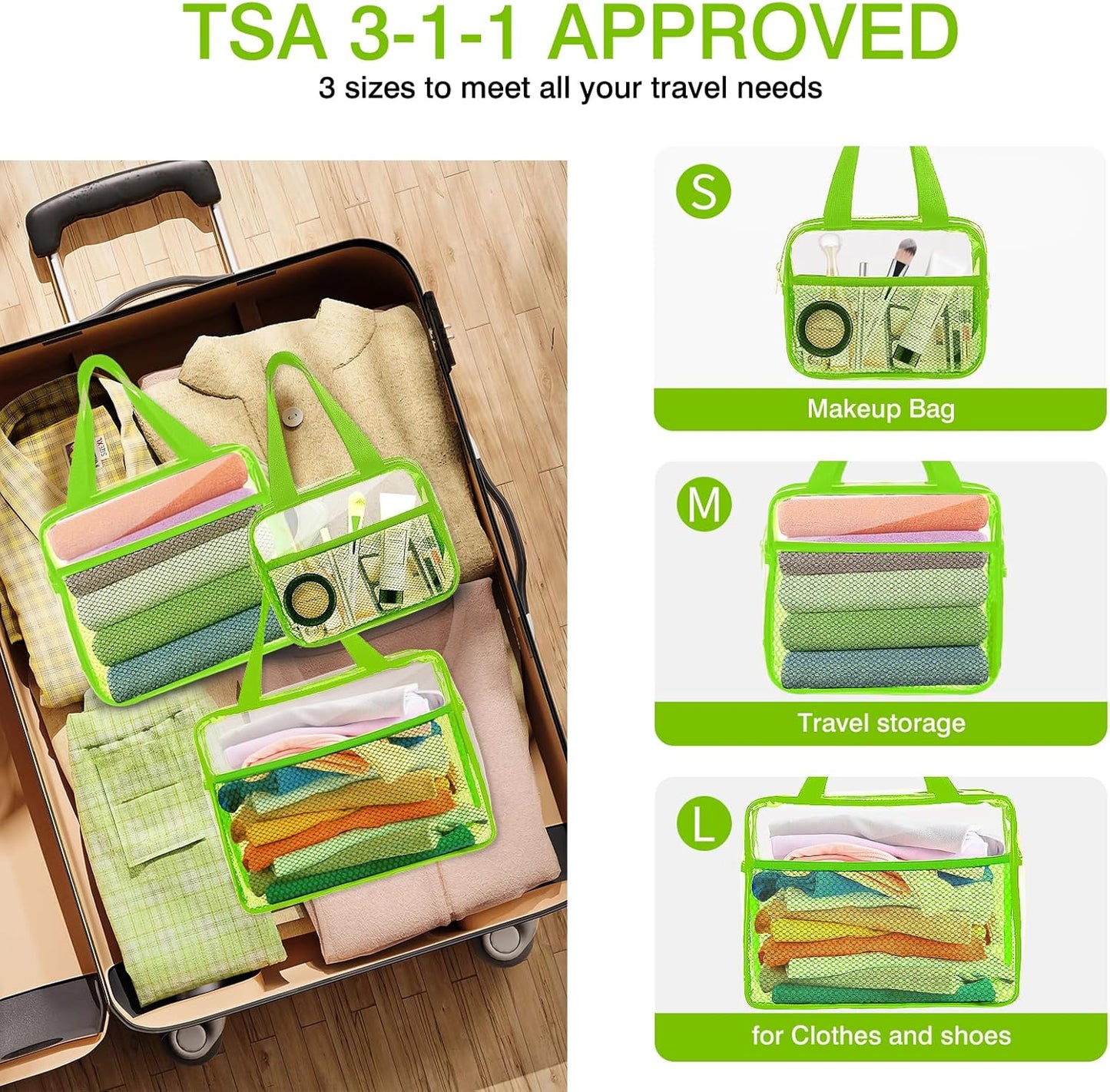 XEWEA Clear Travel Toiletry Bags, 3 Pack TSA Approved Transparent Makeup Bag for Men Women, Large Waterproof PVC Quart Organizer with Zipper for Toiletries Airline Essential,Toy Storage Pouch Green