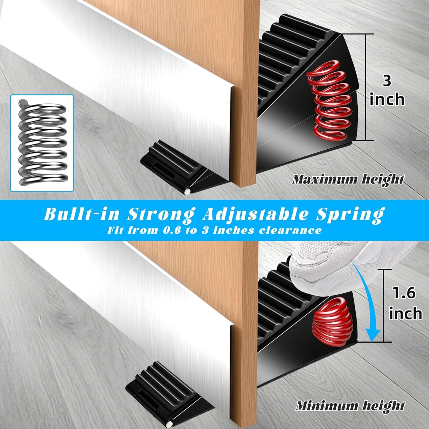 Large Heavy Duty Door Stoppers, Premium Spring Door Stopper for Bottom of Door, Adjustable Large Rubber Stoppers Wedge with Metal, Door Stop Suits Any Heavy Door (Black-0ne)