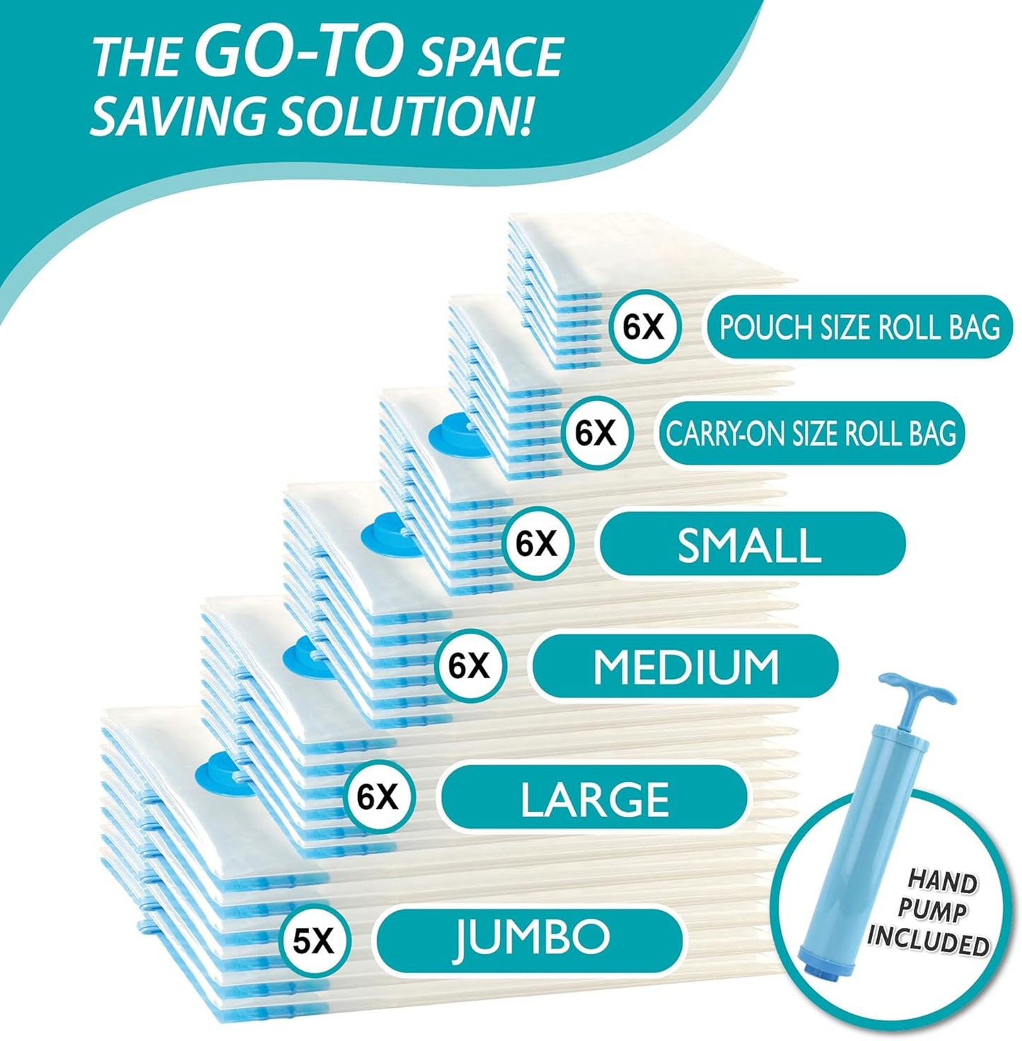 35 Pack Space Saver Bags (5 Jumbo/6 Large/6 Medium/6 Small/6 Roll-M/6 Roll-S) Compression Storage Bags for Comforters and Blankets, Vacuum Sealer Bags for Clothes Storage, Hand Pump Included