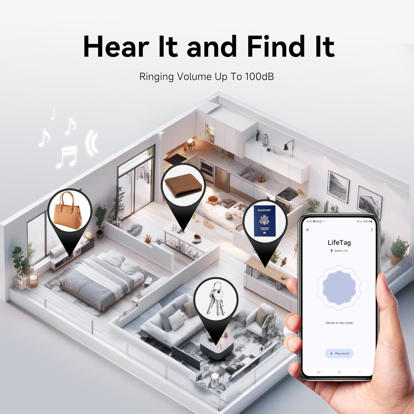 Lifetag Tracker for Android, Bluetooth Tracking Tag for Google Find My Device (Find Hub) App, Item Finder Locator for Keys, Luggage, Backpack, Purse (BLK, 4PCS)