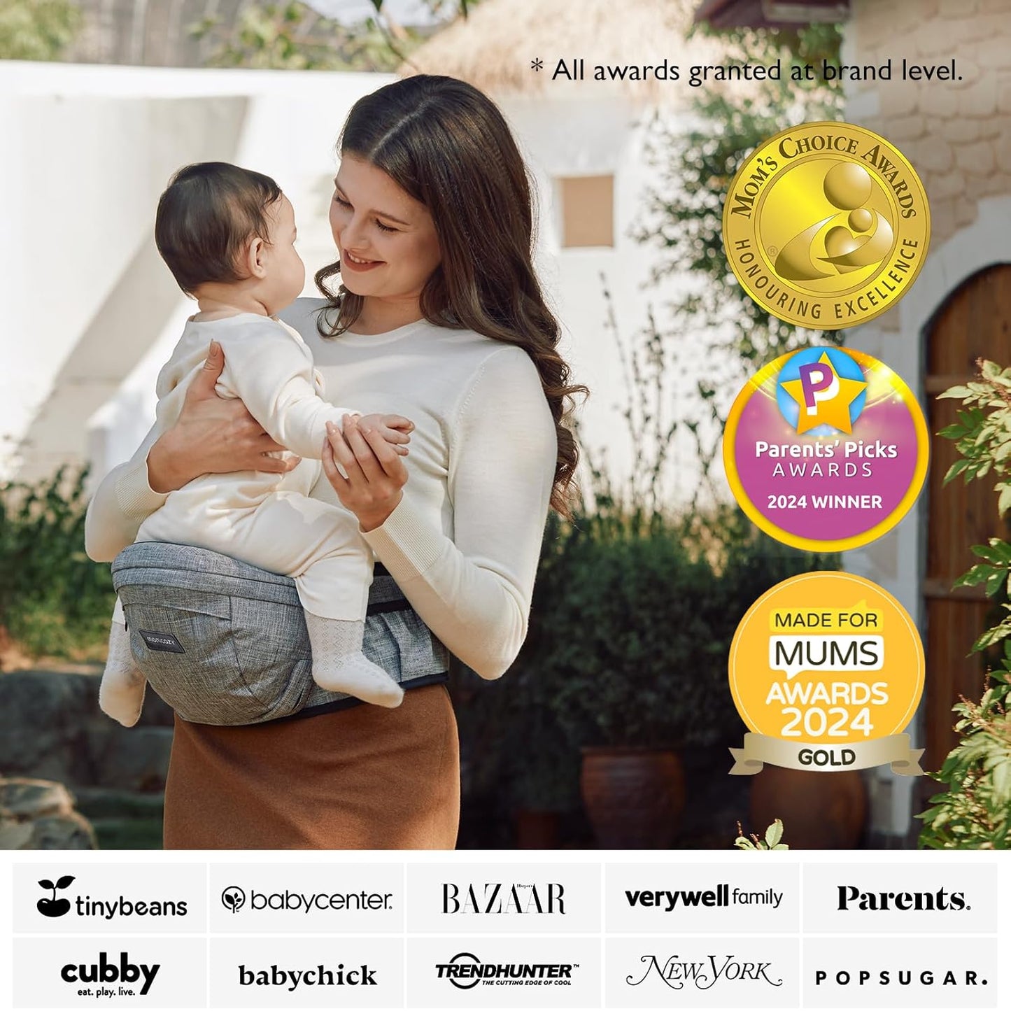 Momcozy Hip Seat Baby Carrier - Adjustable Waistband with Original 3D Belly Protector, Ergonomic Carrier with Various Pockets for Newborns & Toddlers up to 45lbs (Grey, Large)