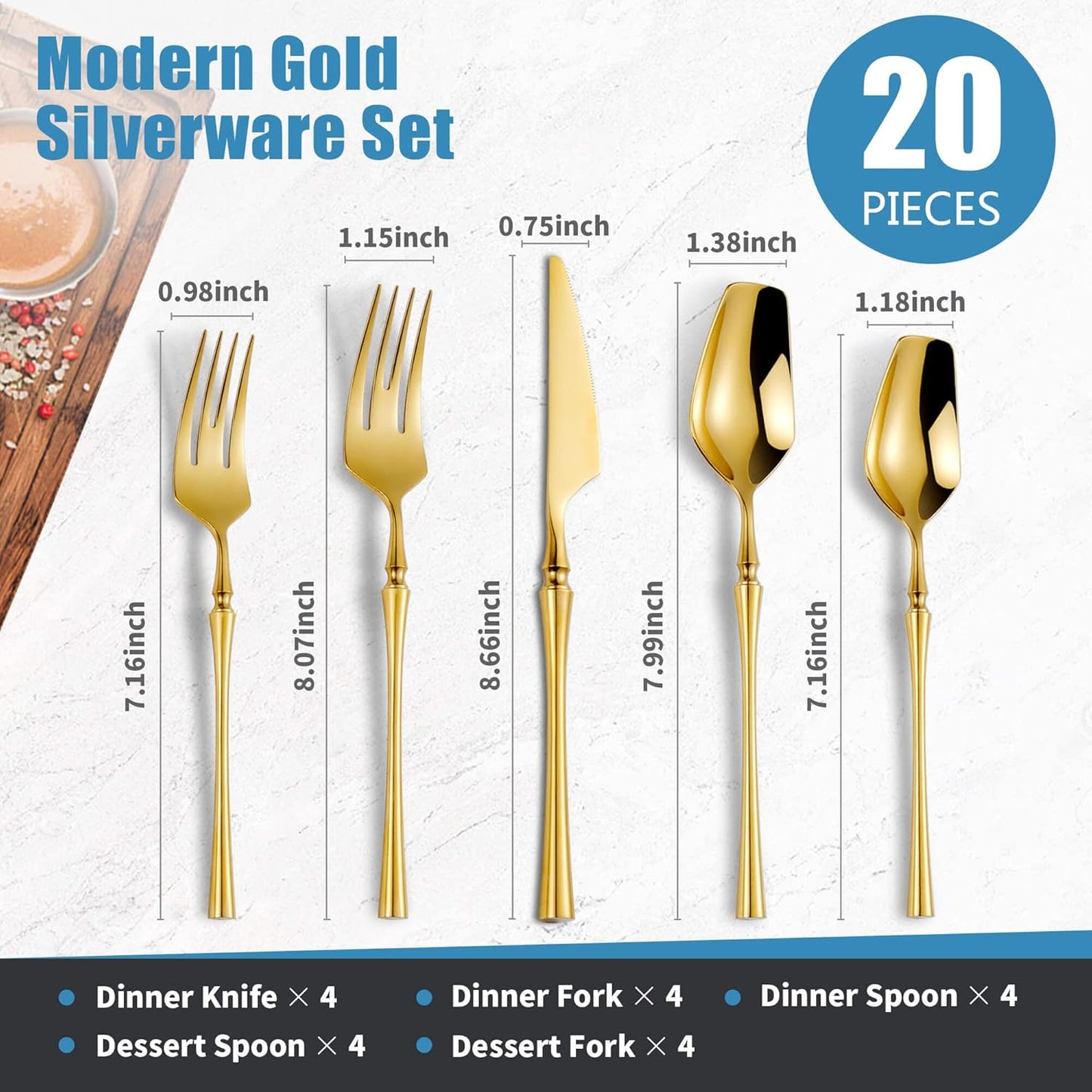 20-Piece Gold Silverware Set for 4,Modern 18/10 Stainless Steel Flatware Set,Unique Rustic Cutlery Utensils Set,Spoon and Fork Set for Home, Restaurant,Wedding,Mirror Polished,Dishwasher Safe