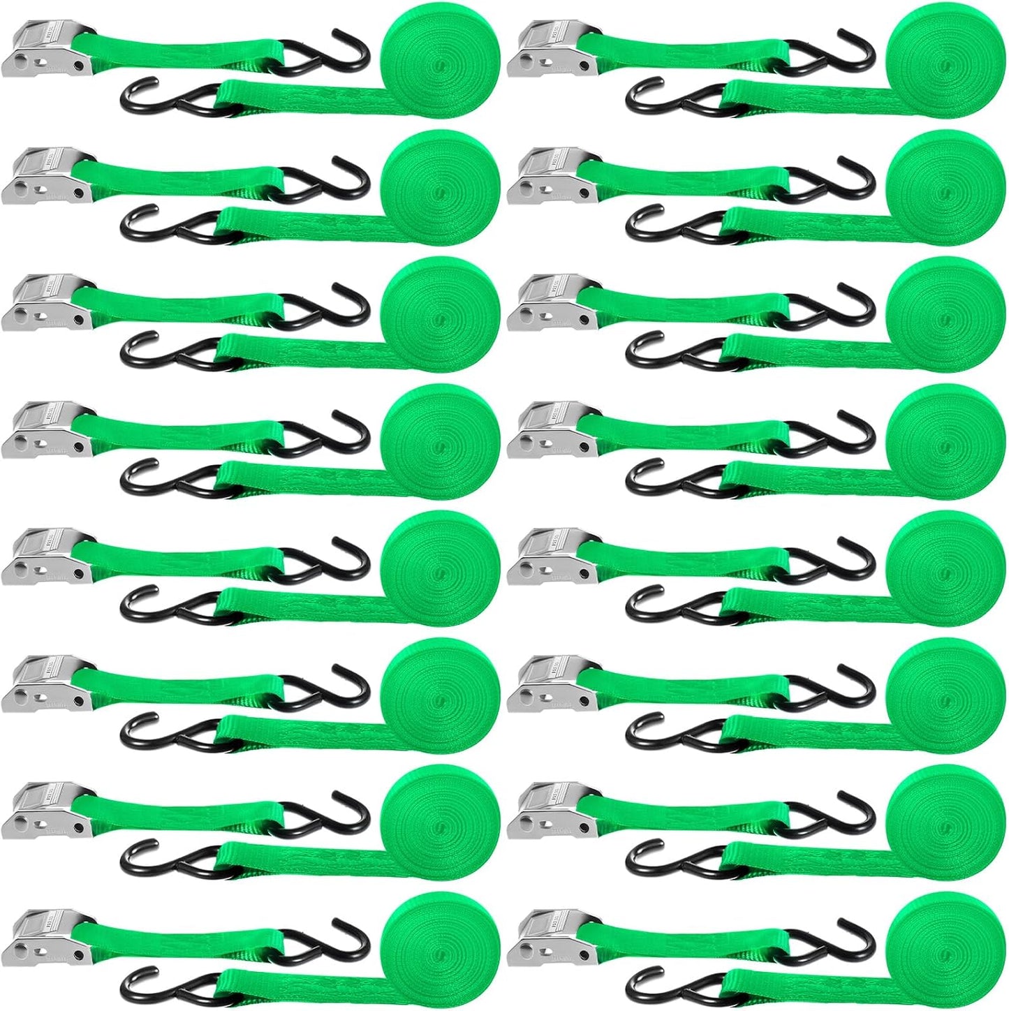 16 Pcs Cambuckle Tie Down Straps 1763lbs Break Strength Securing Straps 1'' x 15 ft Cambuckle Tie Downs with S Hook for Motorcycle, Kayak, Car, Truck, Boat Moving, Securing Cargo(Green)