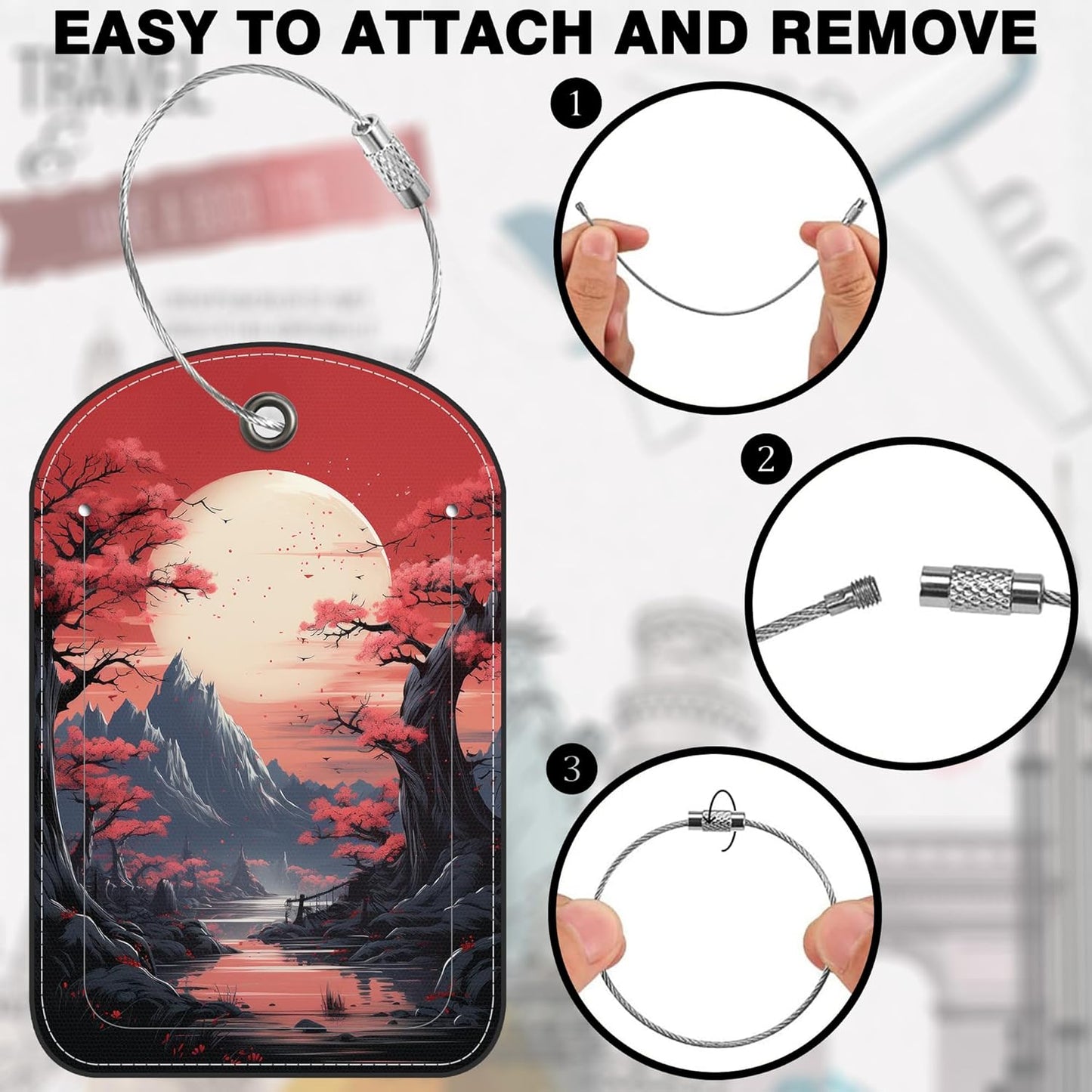 2 PCS Leather Luggage Tag for Suitcase Japanese Mountains Travel Suitcase Labels with Privacy Name ID Label and Stainless Steel Loop for Adults Teens Travel Bag Labels Set